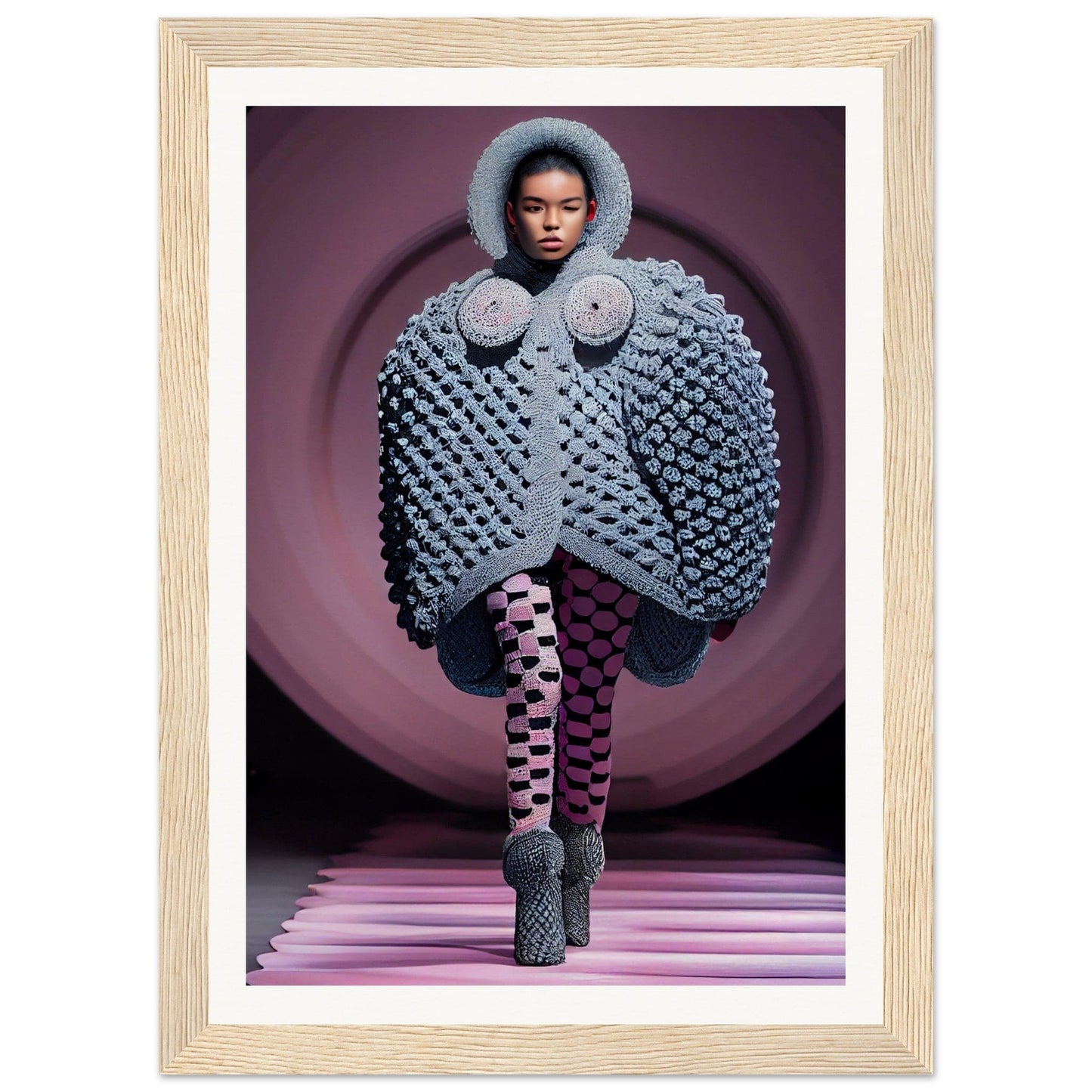 Avant-garde gray knitted outfit with exaggerated bubble-like textures and a hooded design.