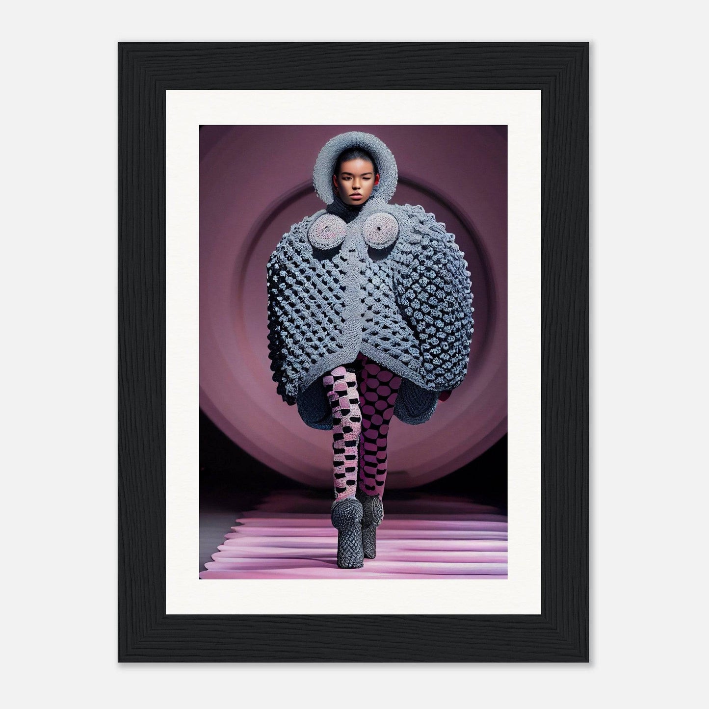 Avant-garde fashion ensemble featuring a voluminous textured coat and patterned leggings.