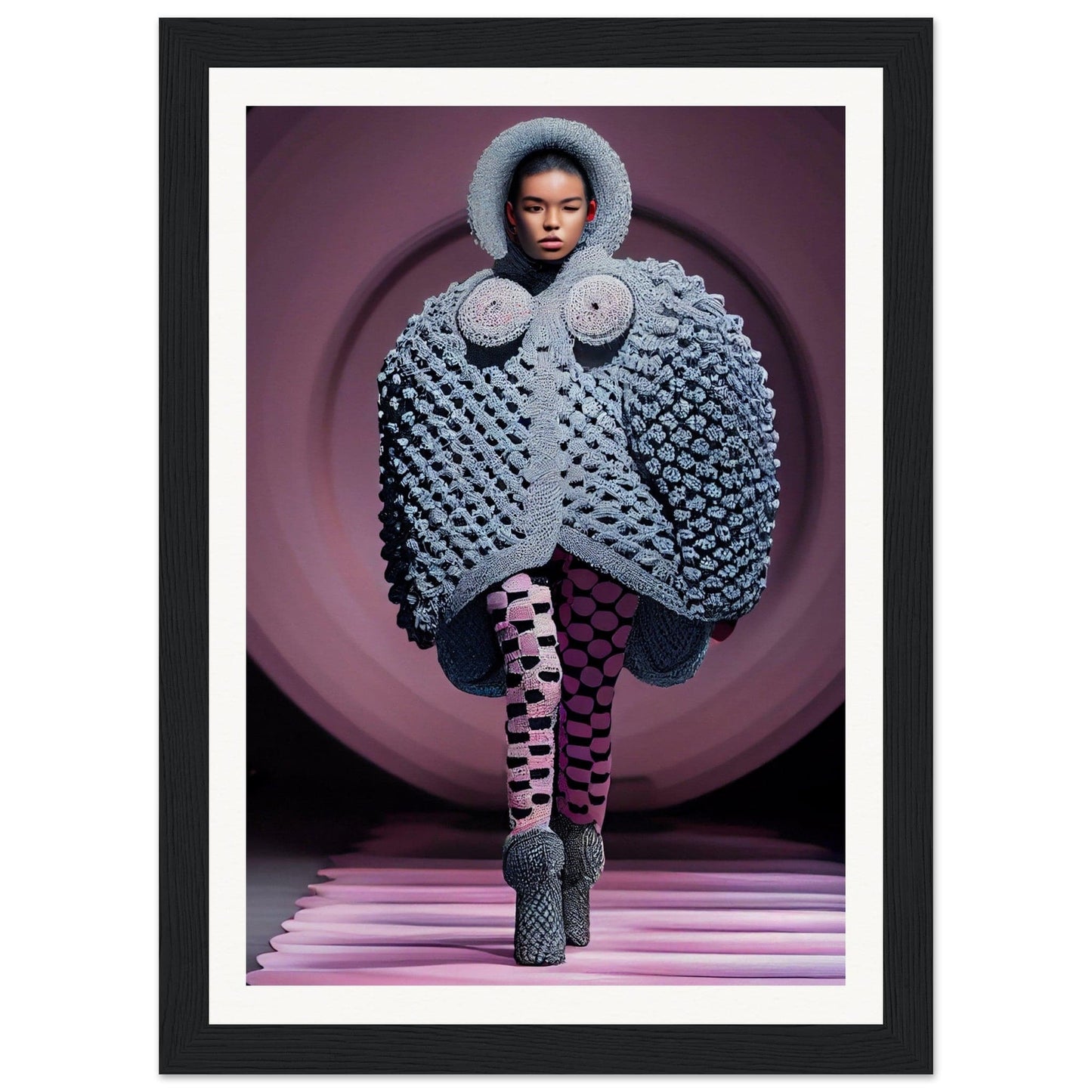 Avant-garde gray knitted outfit with exaggerated bubble-like textures and a hooded design.