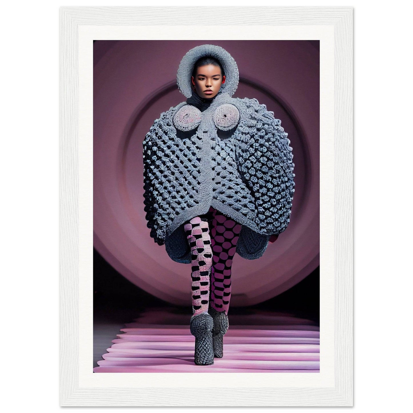A textured, spherical coat with prominent circular details on the chest.