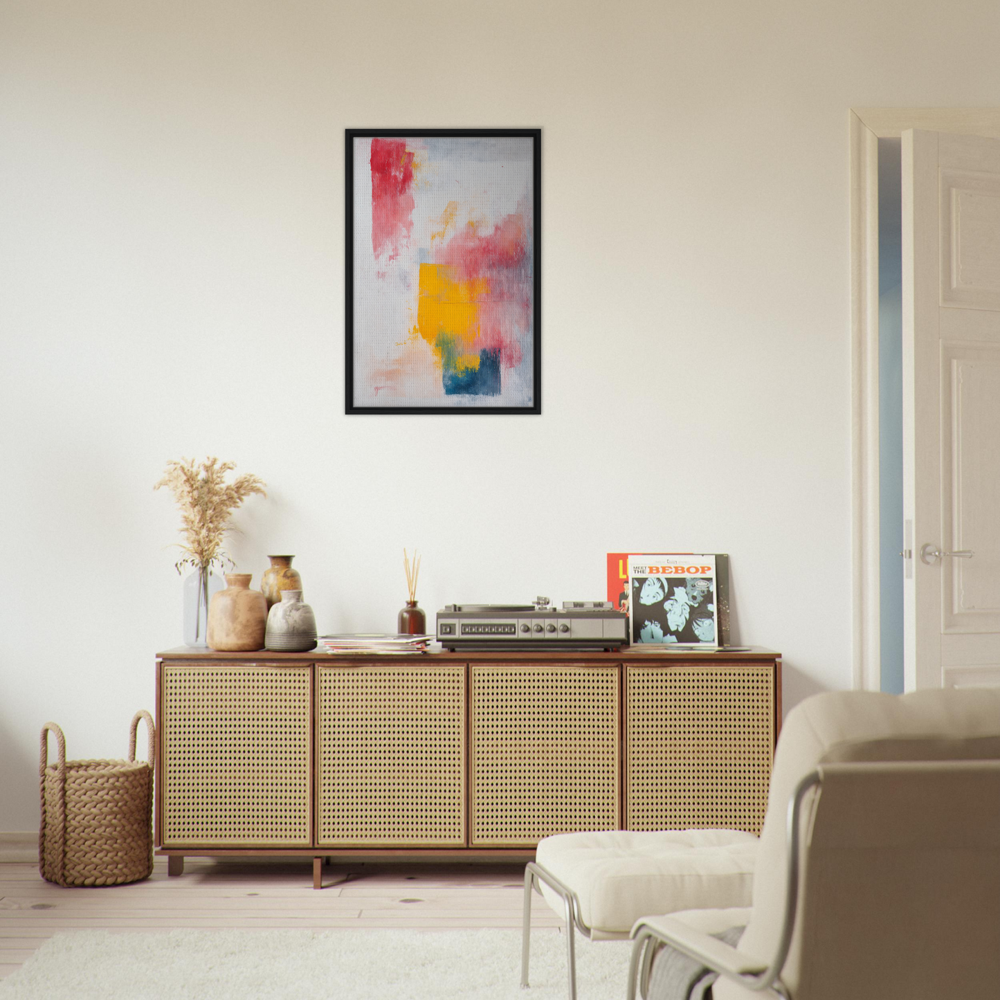 Wooden sideboard with cane-webbed doors showcasing decorative items, ideal for Room Decor