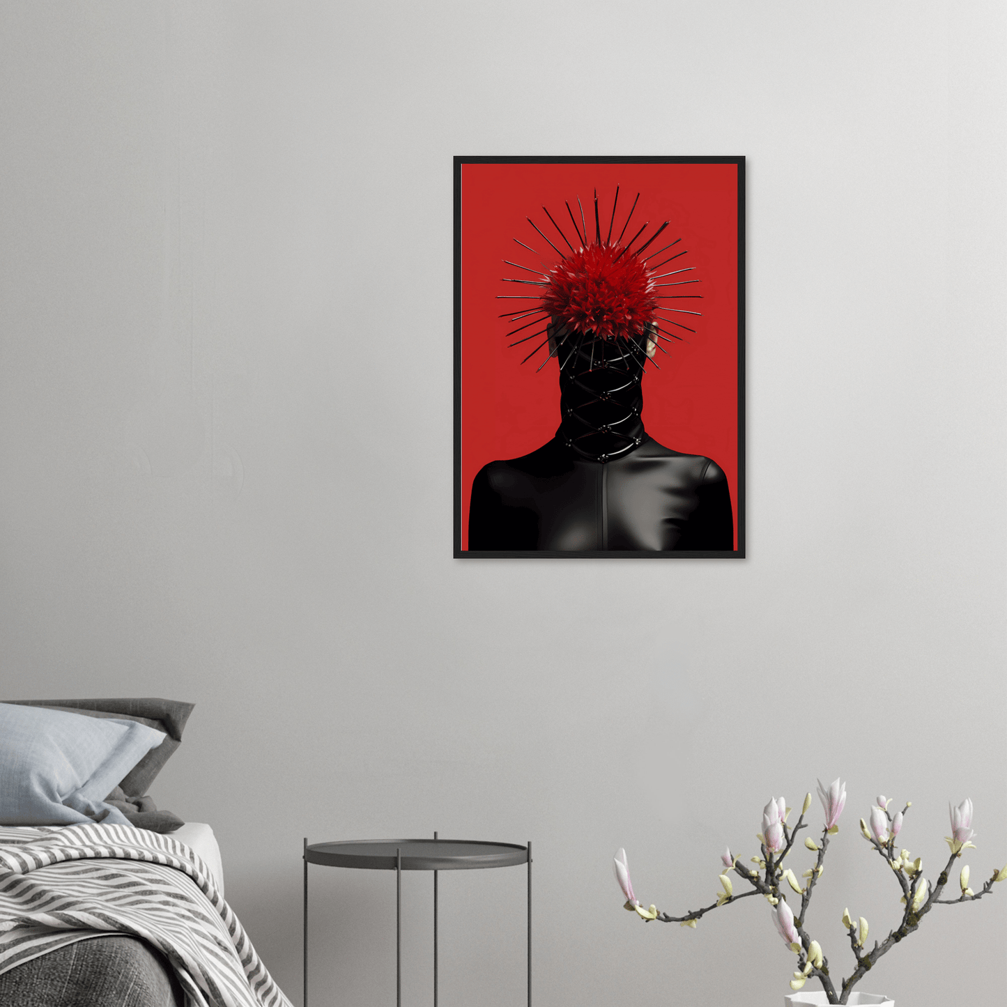 A red and black painting on a wall