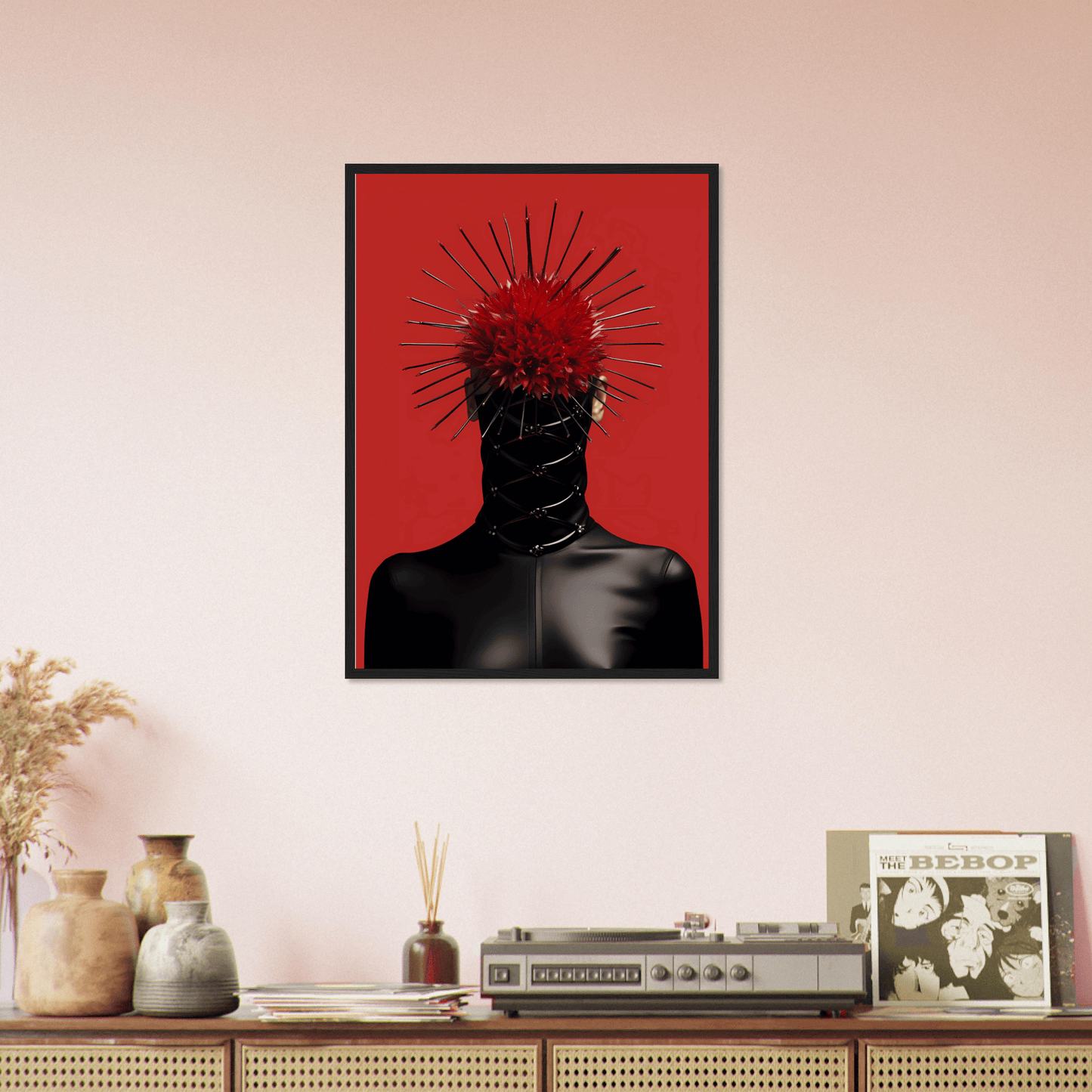 A red and black painting on a wall