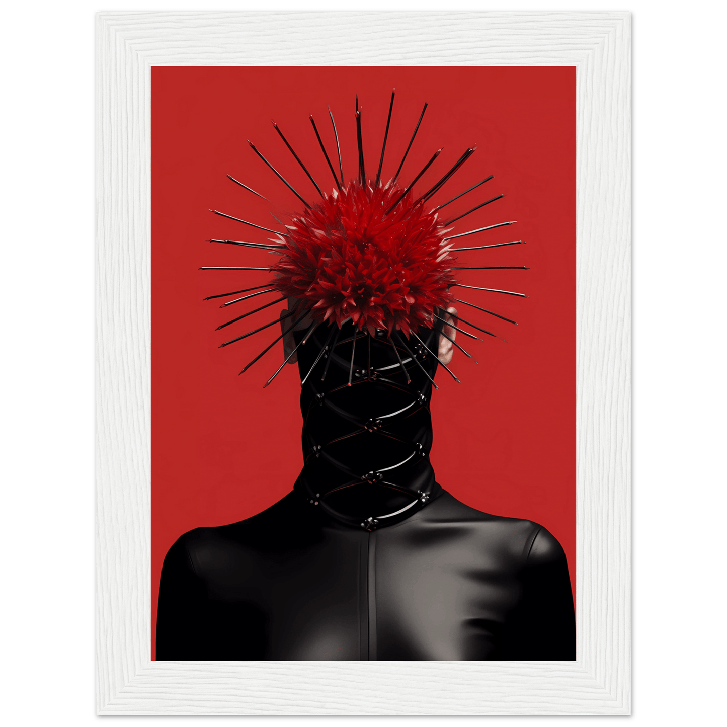 A red and black photo of a woman with spikes on her head