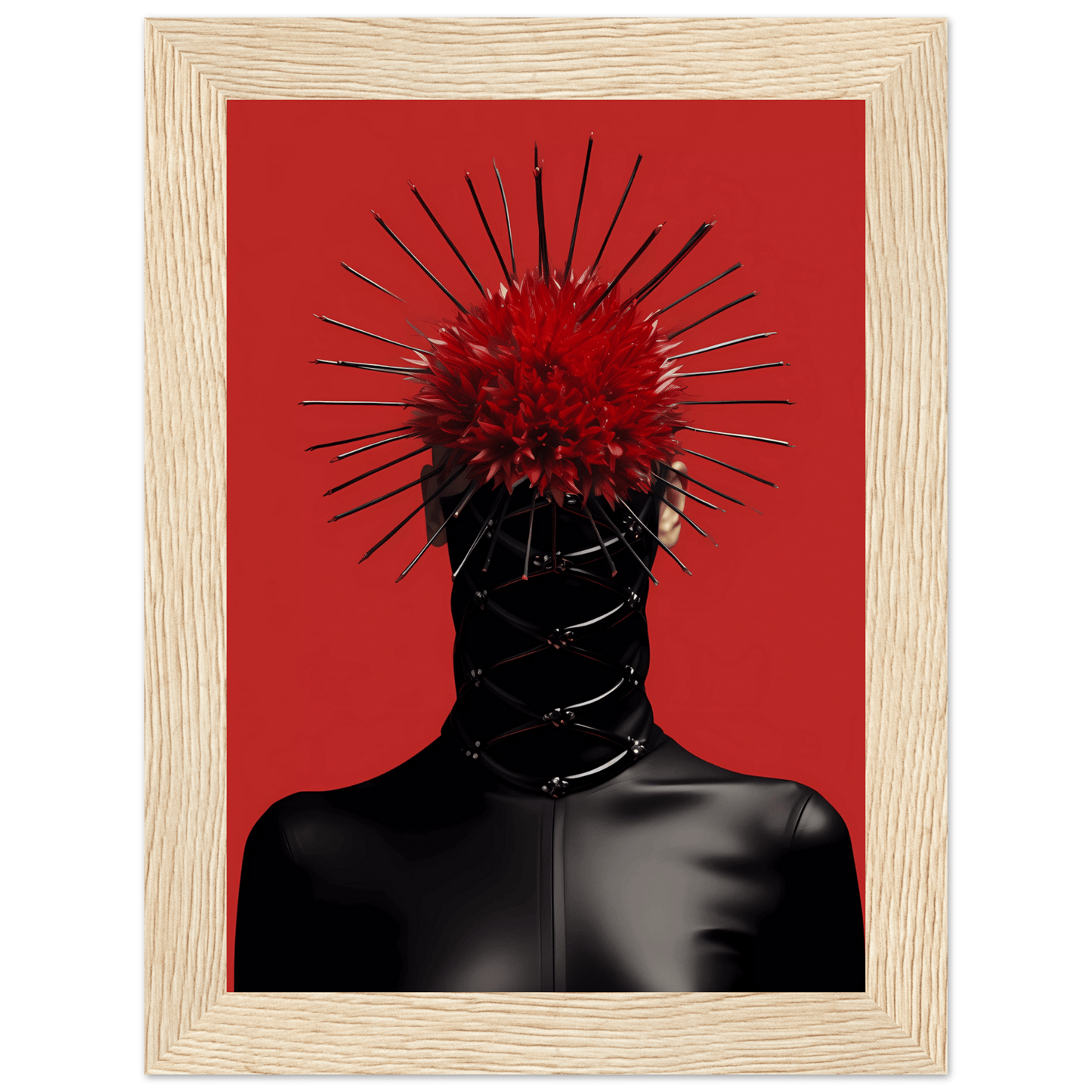 A red and black photo of a woman with spikes on her head