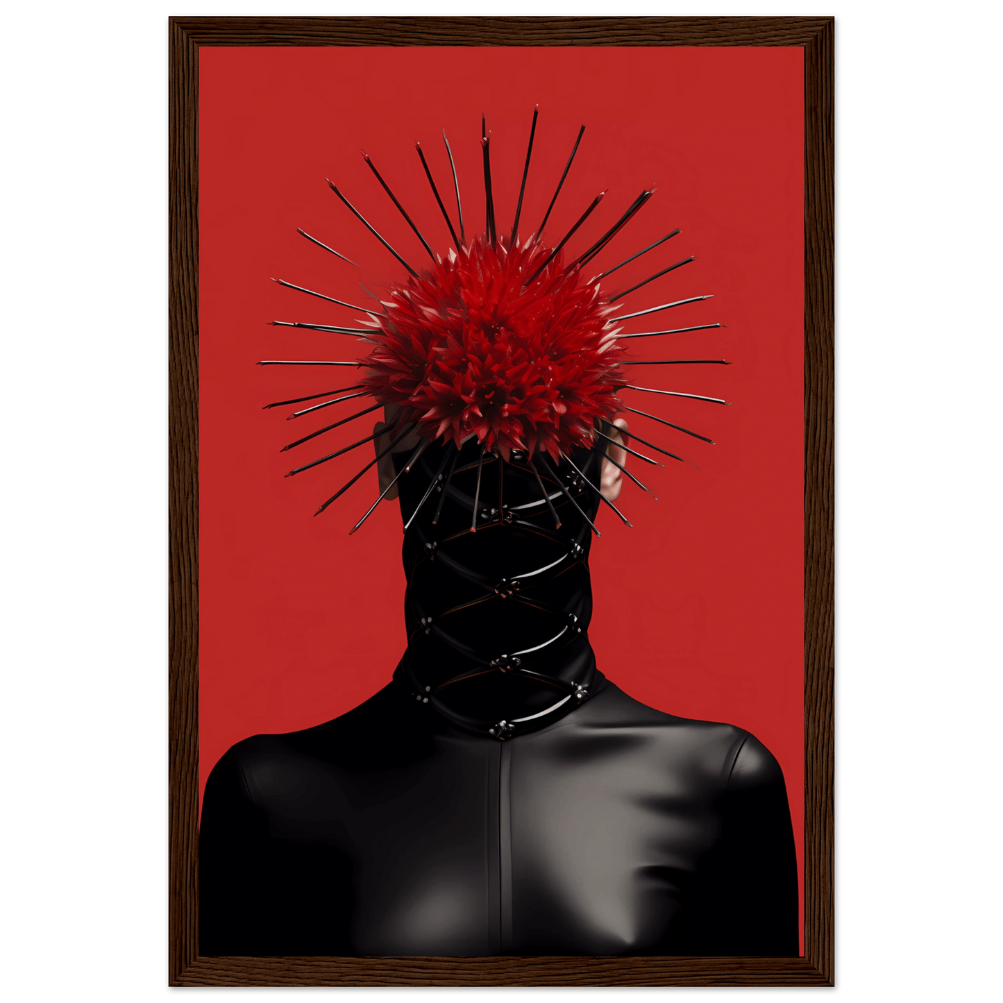 A red and black photo of a woman with spikes on her head