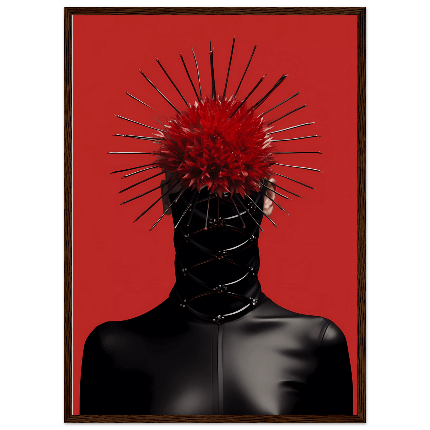 A red and black poster with a woman’s head with spikes on it