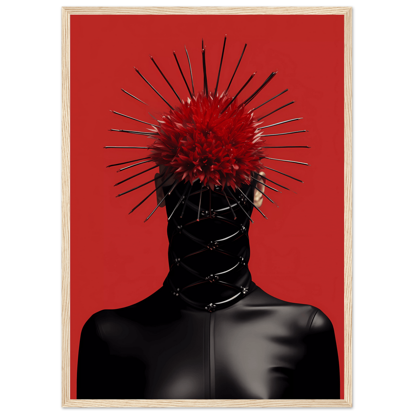A red poster with a black headpiece and spikes on it