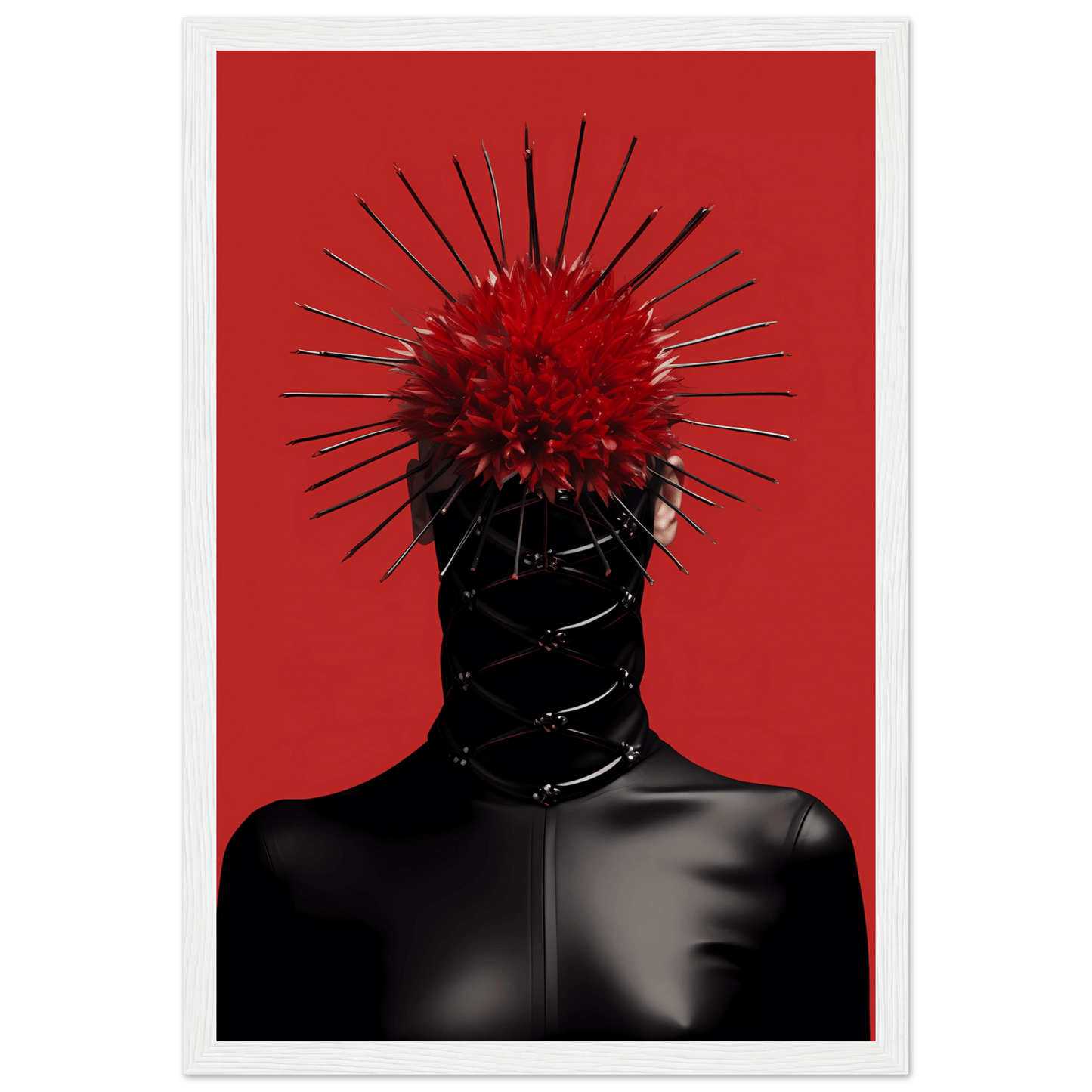 A red poster with a black and white image of a woman with spikes on her head