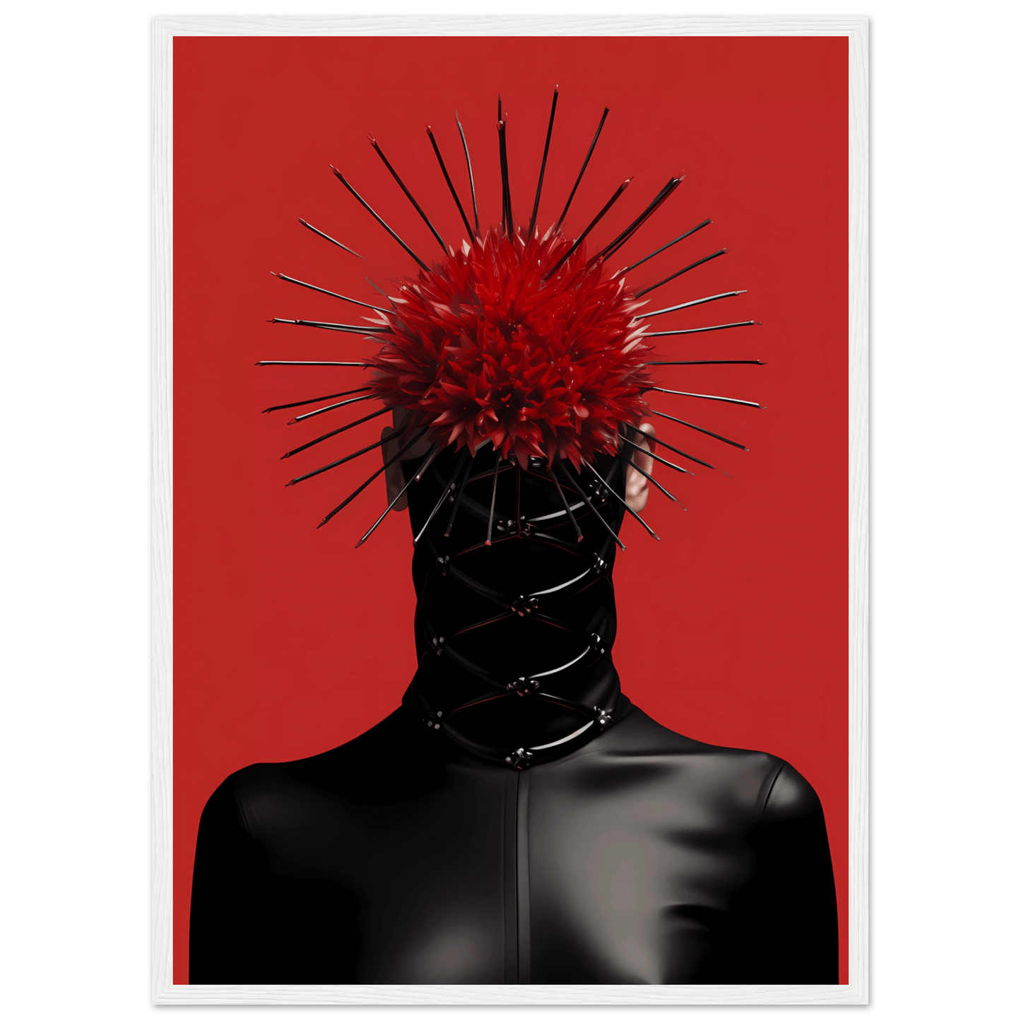 A red poster with a black woman’s head and spikes on it