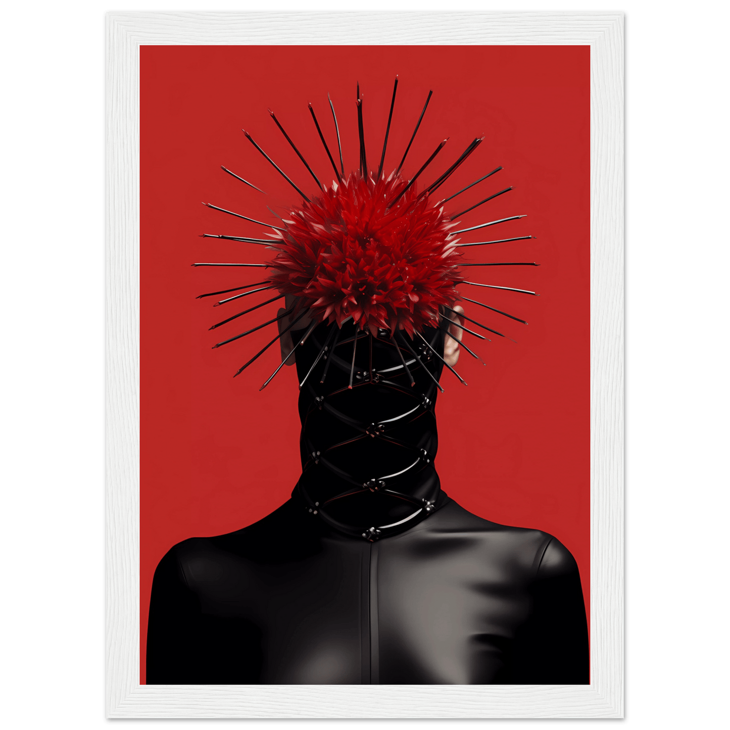 A red poster with a black woman’s head and spikes on it