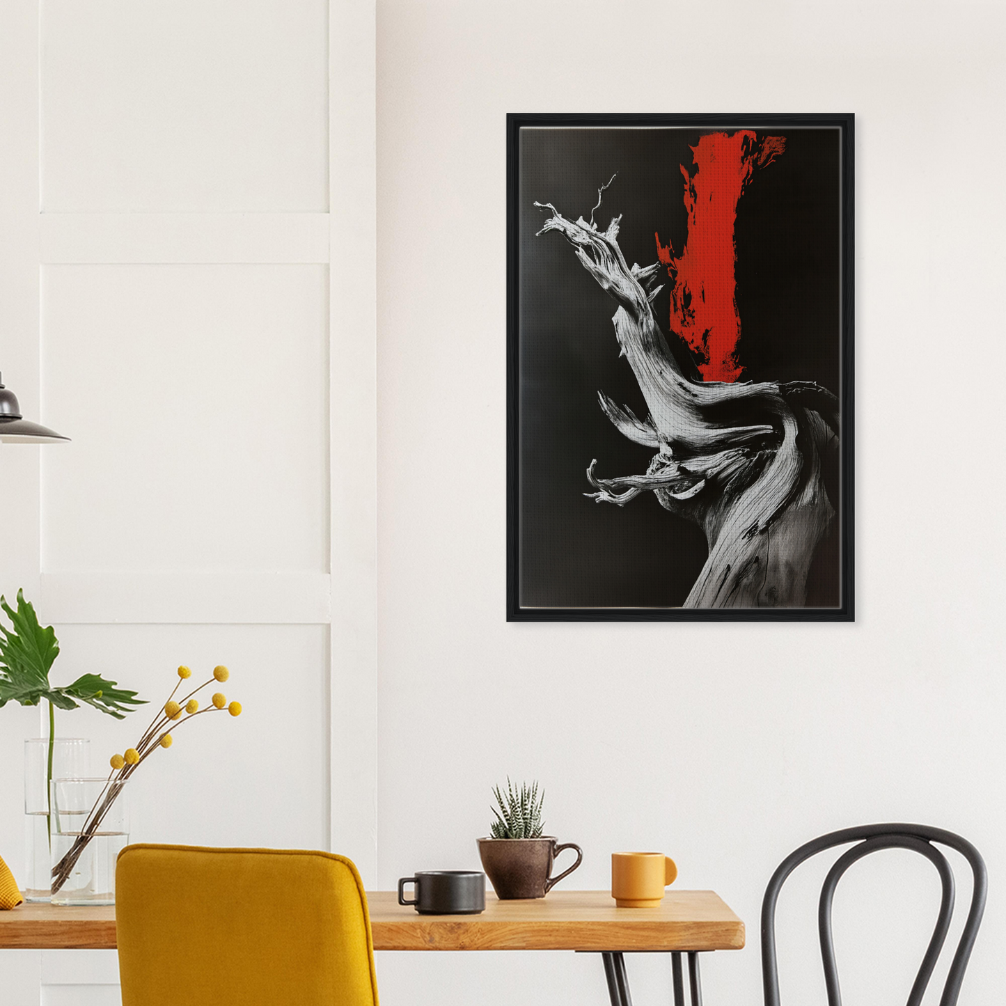 Abstract painting of a dynamic gray figure with red accent in Redwood Sinus Shock framed canvas print
