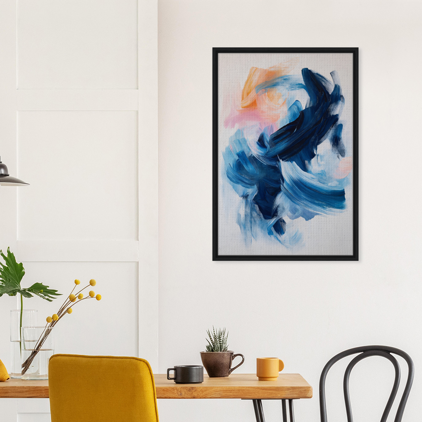 Abstract painting titled Rhythmic Blue Reverie with swirling blue and white brushstrokes