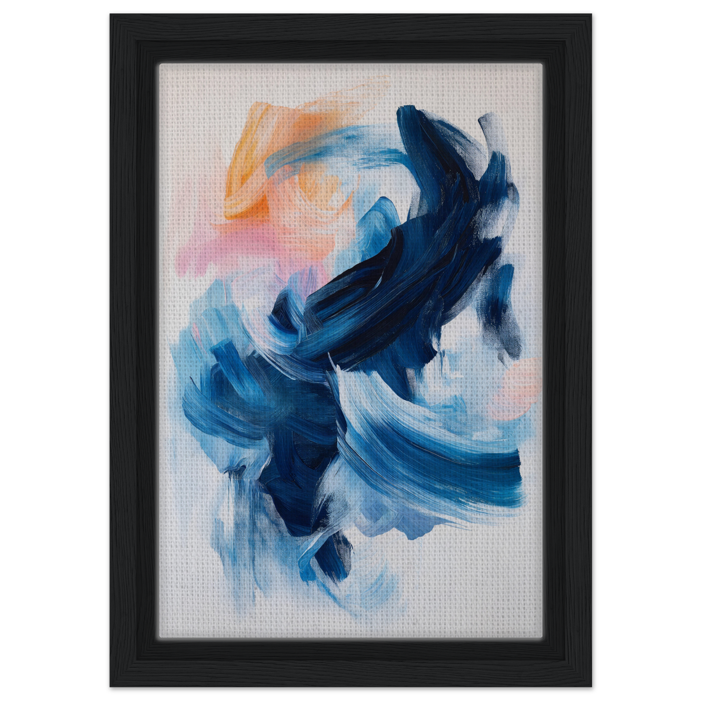 Abstract painting titled Rhythmic Blue Reverie with swirling blue and white brushstrokes