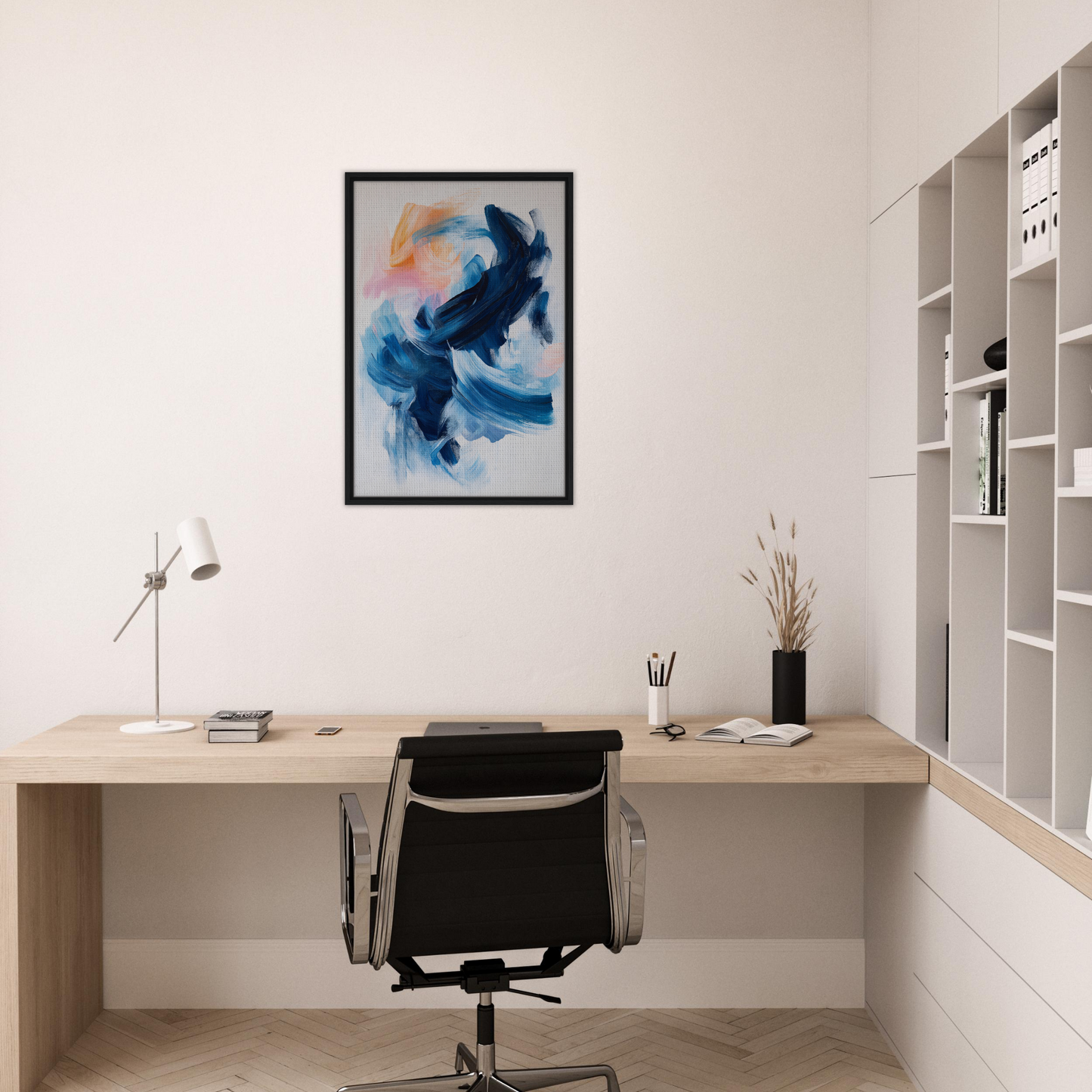 Minimalist home office featuring Rhythmic Blue Reverie artwork and stylish room decor
