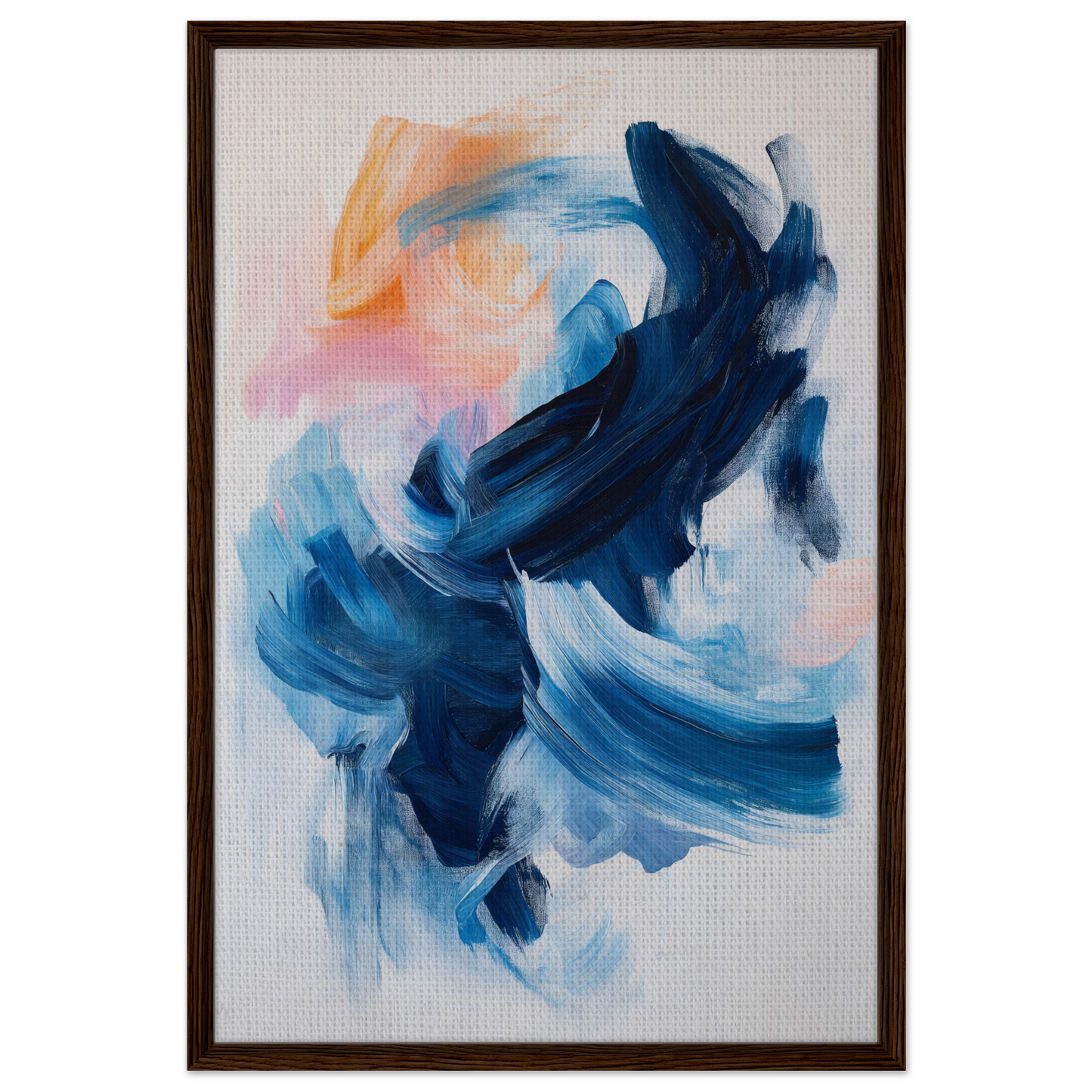 Abstract painting of swirling blue and white brushstrokes in Rhythmic Blue Reverie