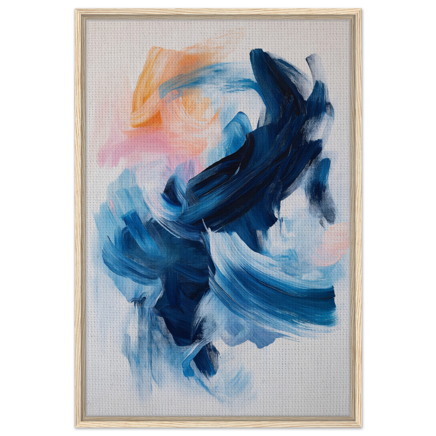 Abstract painting Rhythmic Blue Reverie with swirling blue and peach brushstrokes for room decor