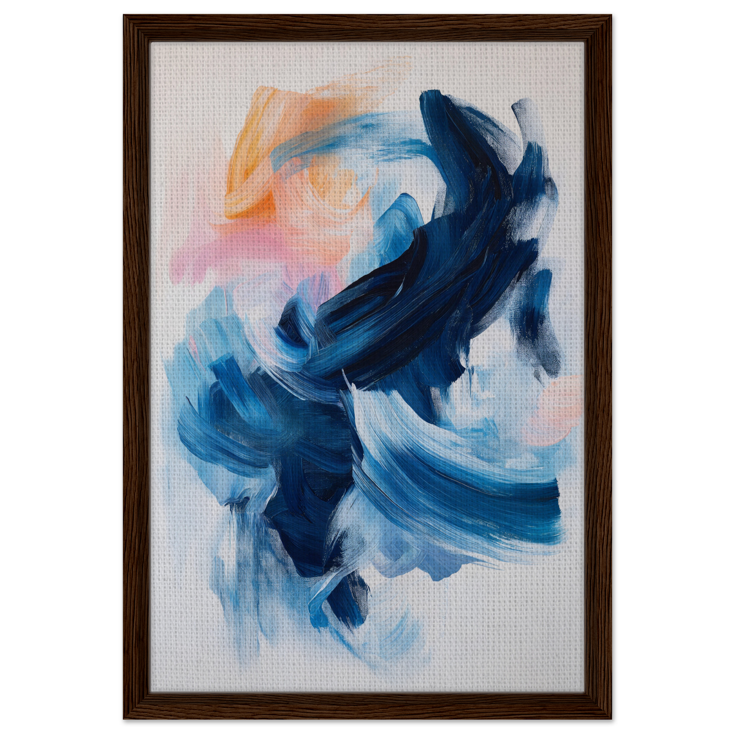 Abstract painting Rhythmic Blue Reverie with swirling blue, peach, and white brushstrokes