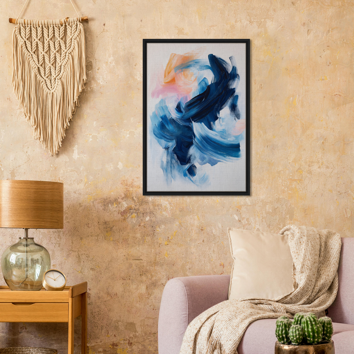 Framed abstract painting Rhythmic Blue Reverie with swirling blue and white brushstrokes