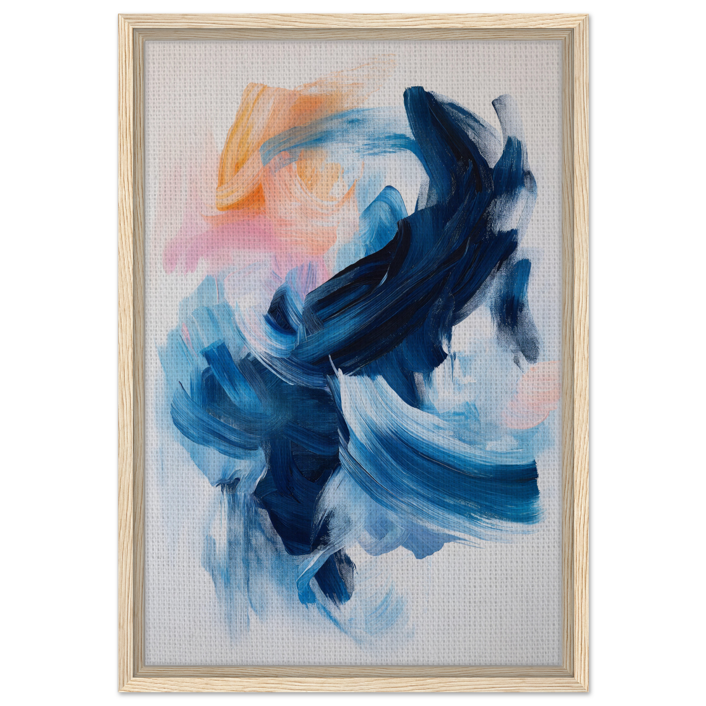 Abstract painting Rhythmic Blue Reverie with swirling blue and peach brushstrokes for room decor