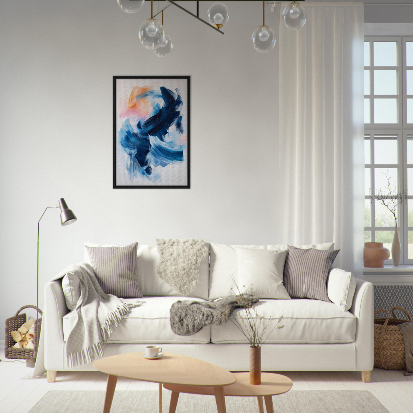White sofa with throw pillows and blankets in Rhythmic Blue Reverie room decor