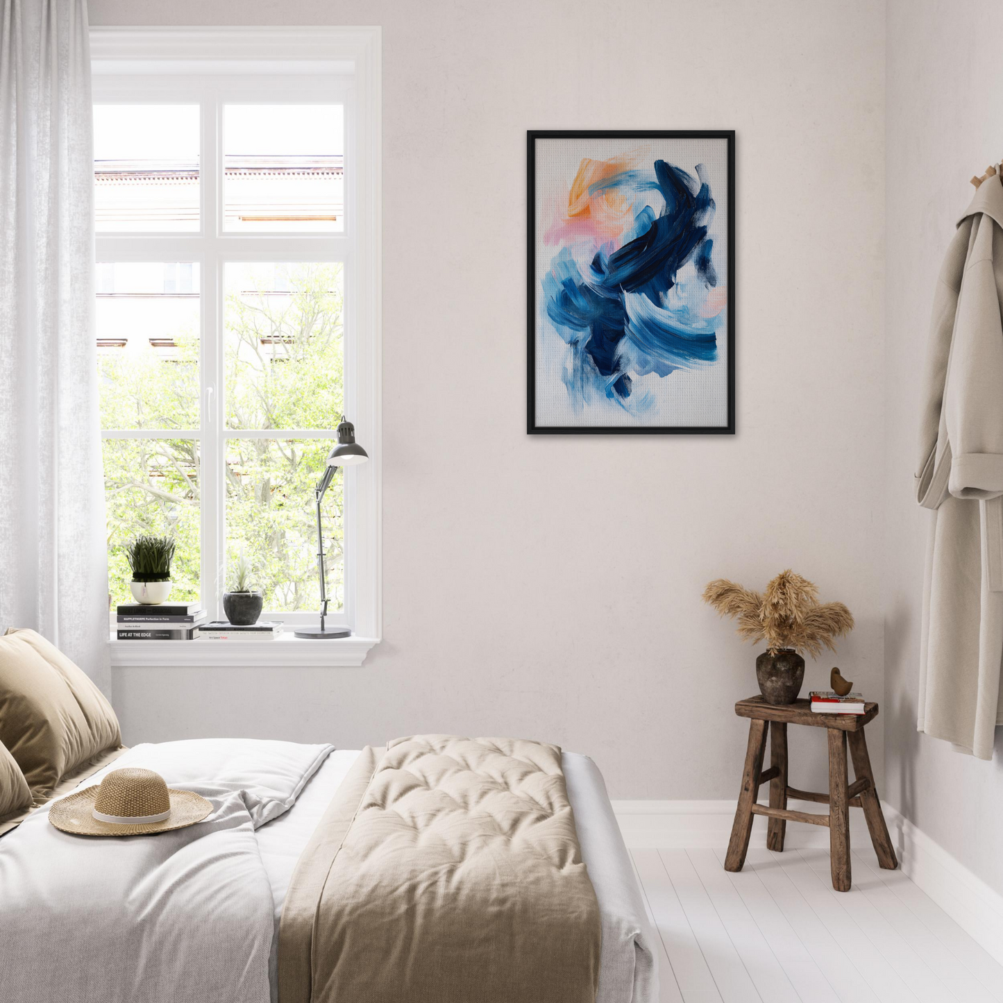 Bright airy bedroom featuring White decor and Rhythmic Blue Reverie wall art