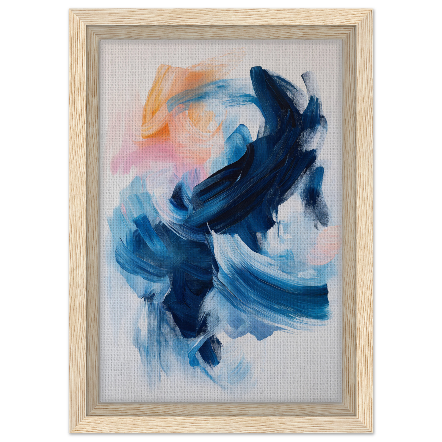 Abstract painting with swirling blue and orange brushstrokes in Rhythmic Blue Reverie frame