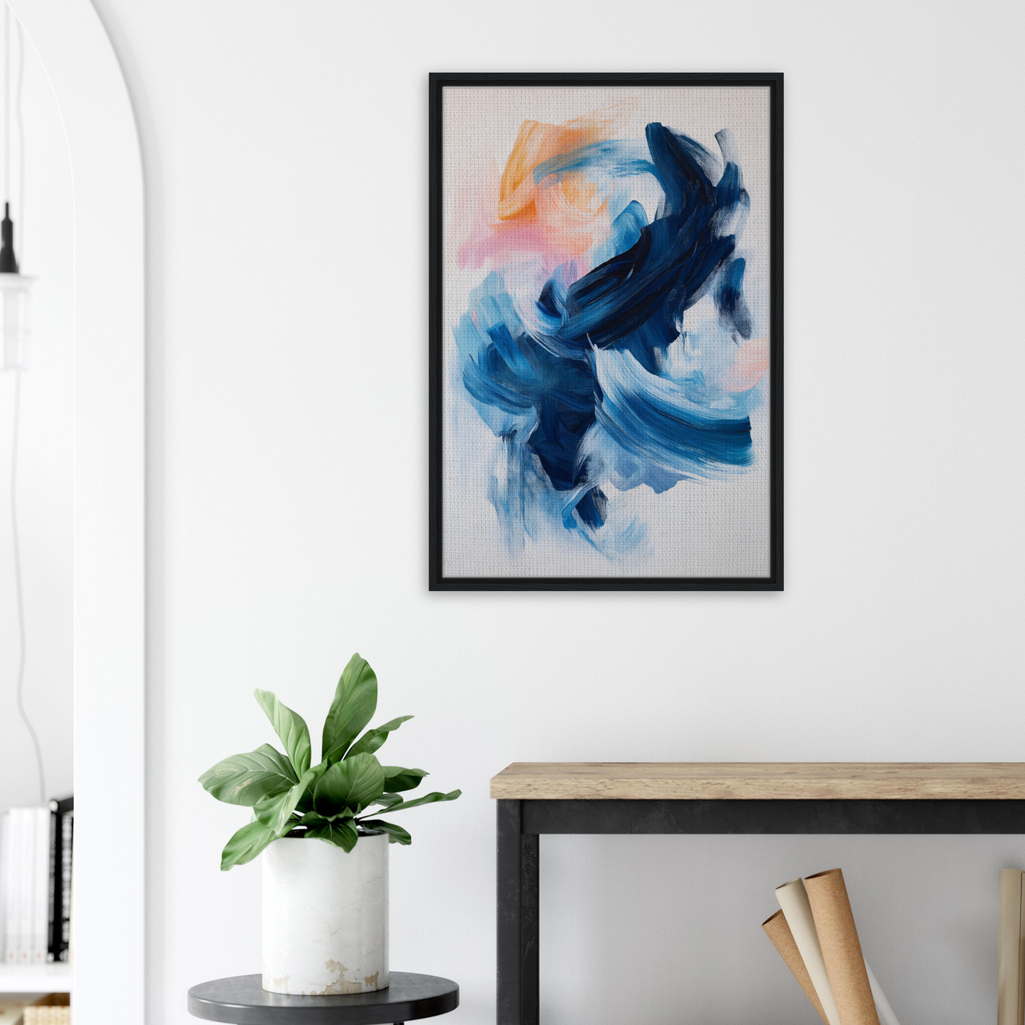 Abstract painting in swirling blue and peach tones, part of Rhythmic Blue Reverie collection