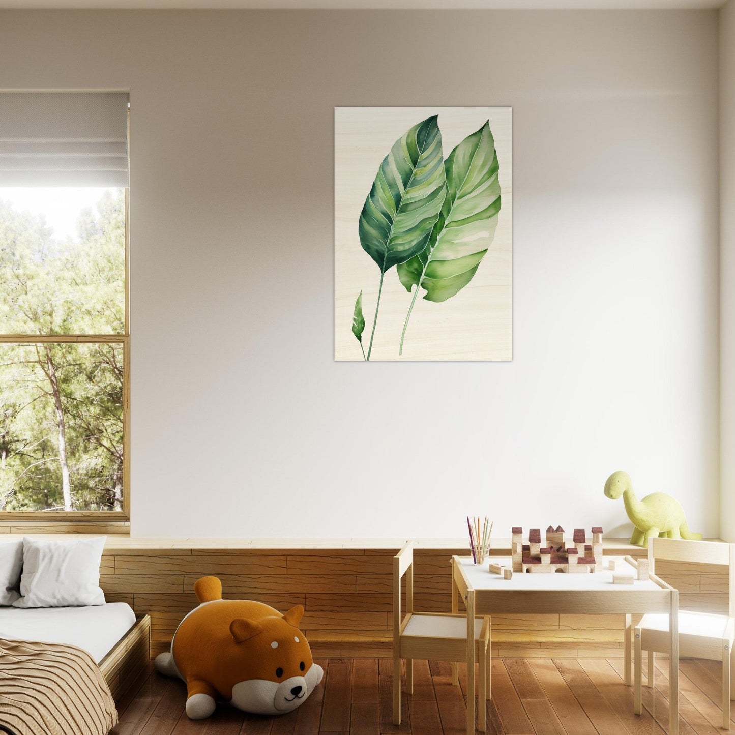A room with a bed, a table and a plant