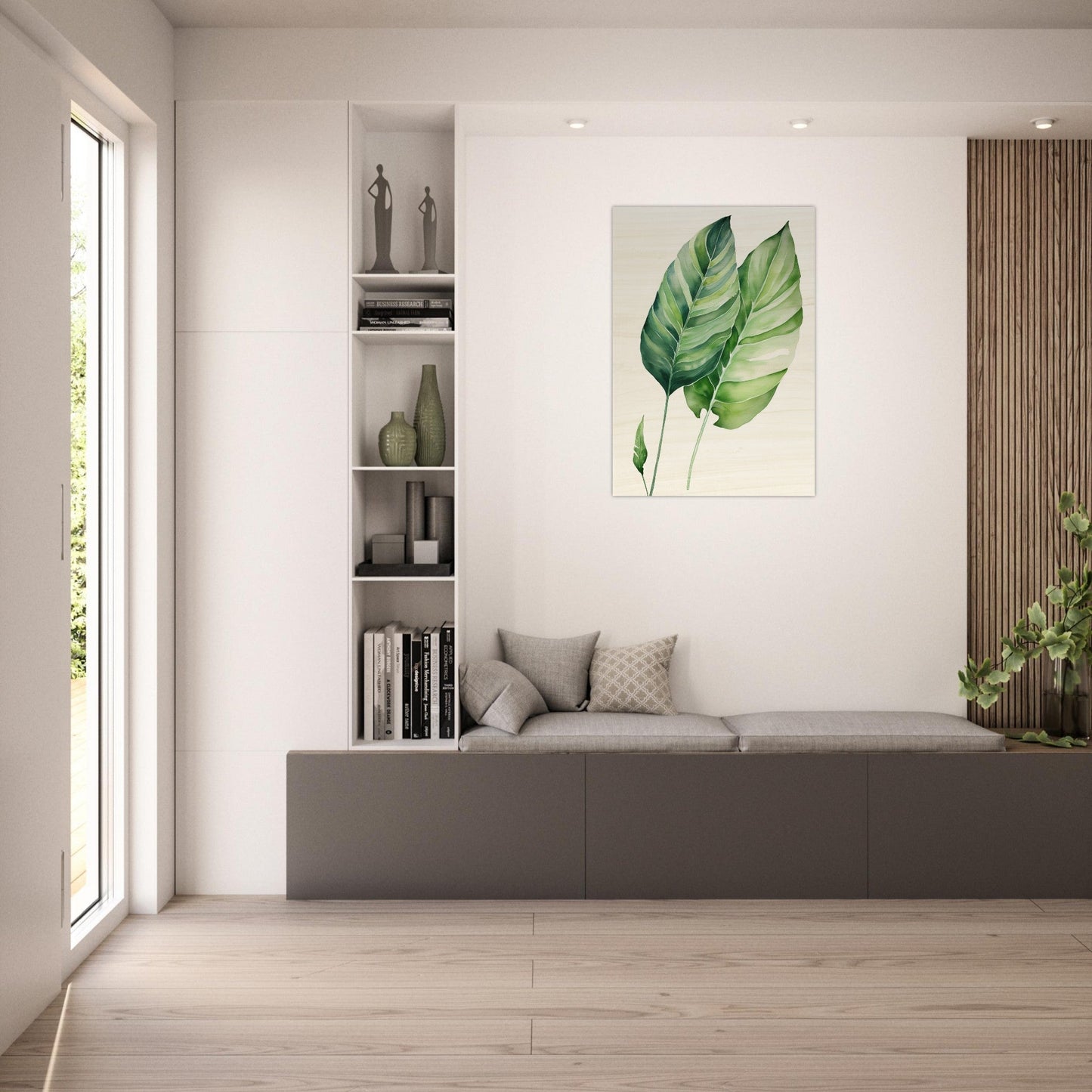 A living room with a couch and a large green leaf on the wall