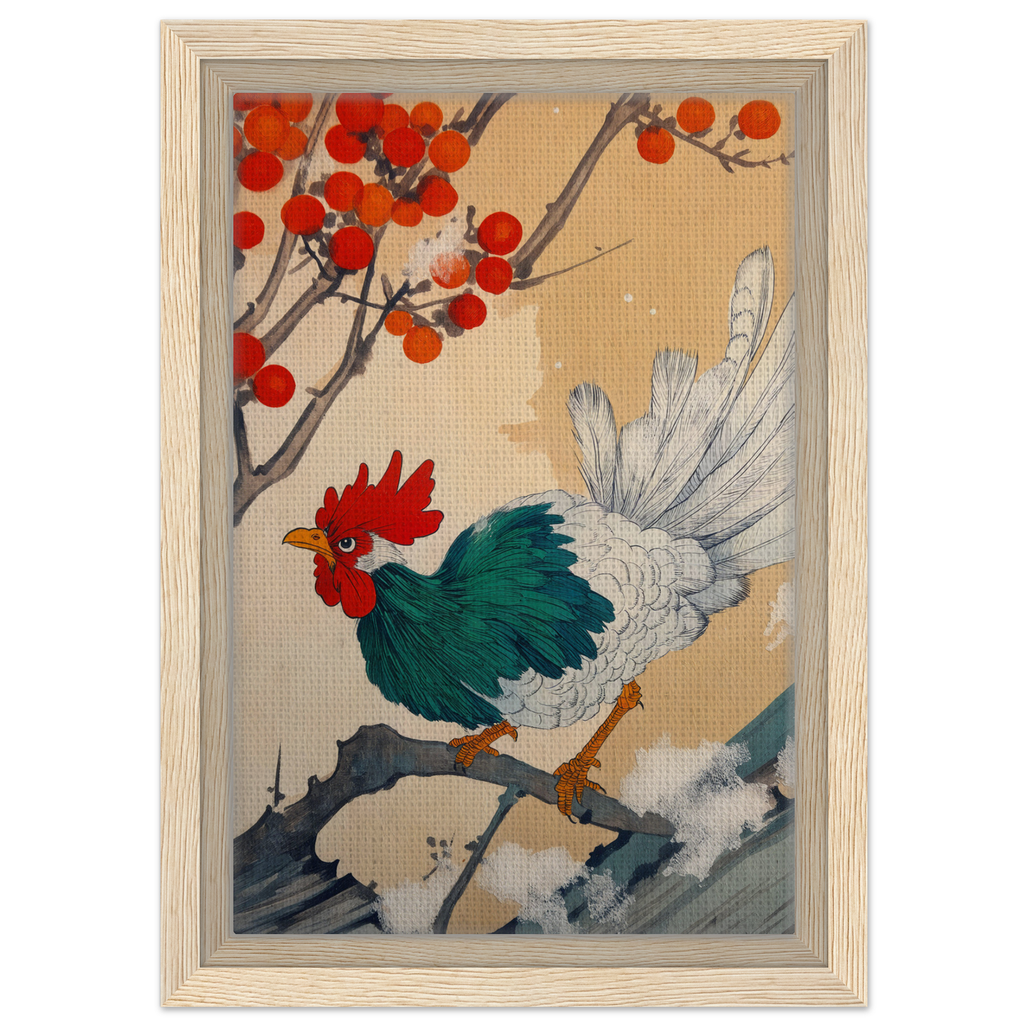 Colorful rooster with green body and white tail feathers in Rooster Rhapsody Awakens