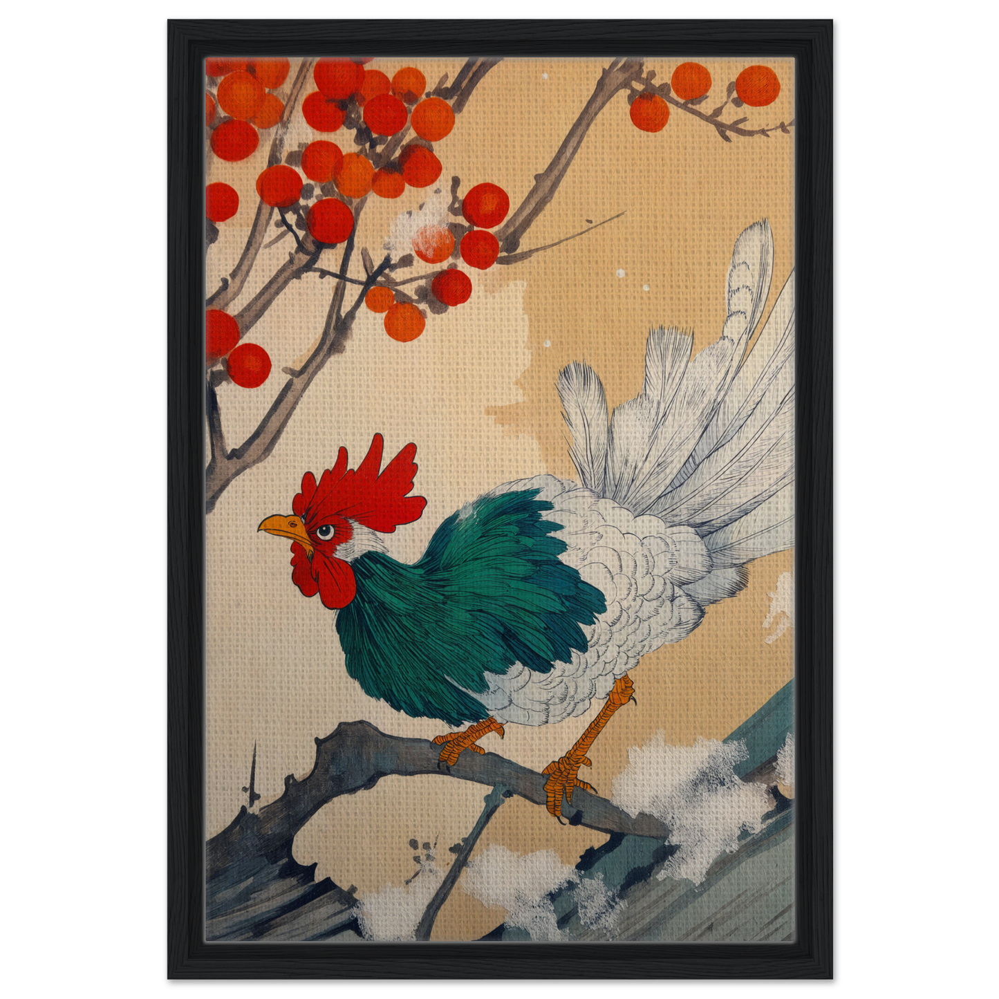 Colorful rooster with green body and white tail from Rooster Rhapsody for East Asian art room decor