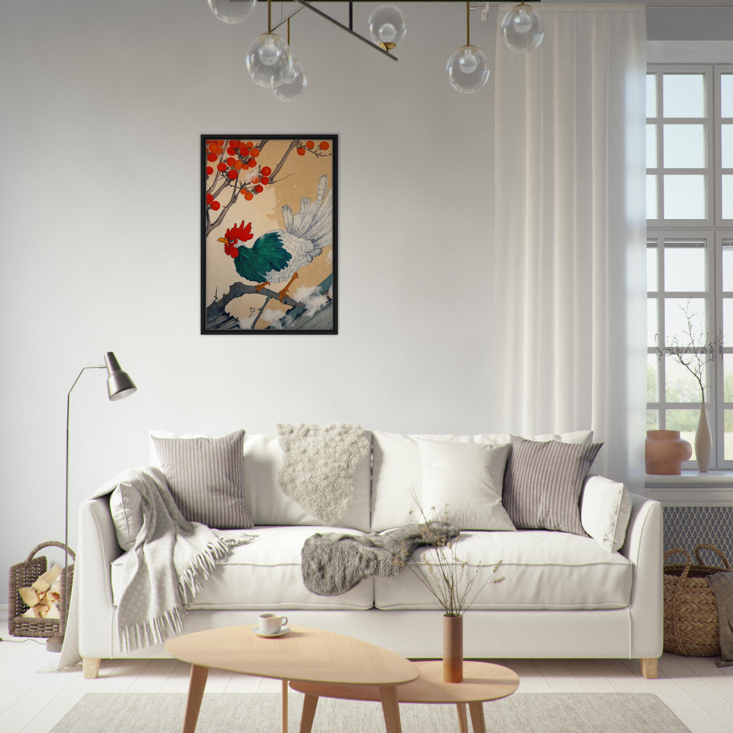 Stylish white sofa adorned with throw pillows and blankets from Rooster Rhapsody collection