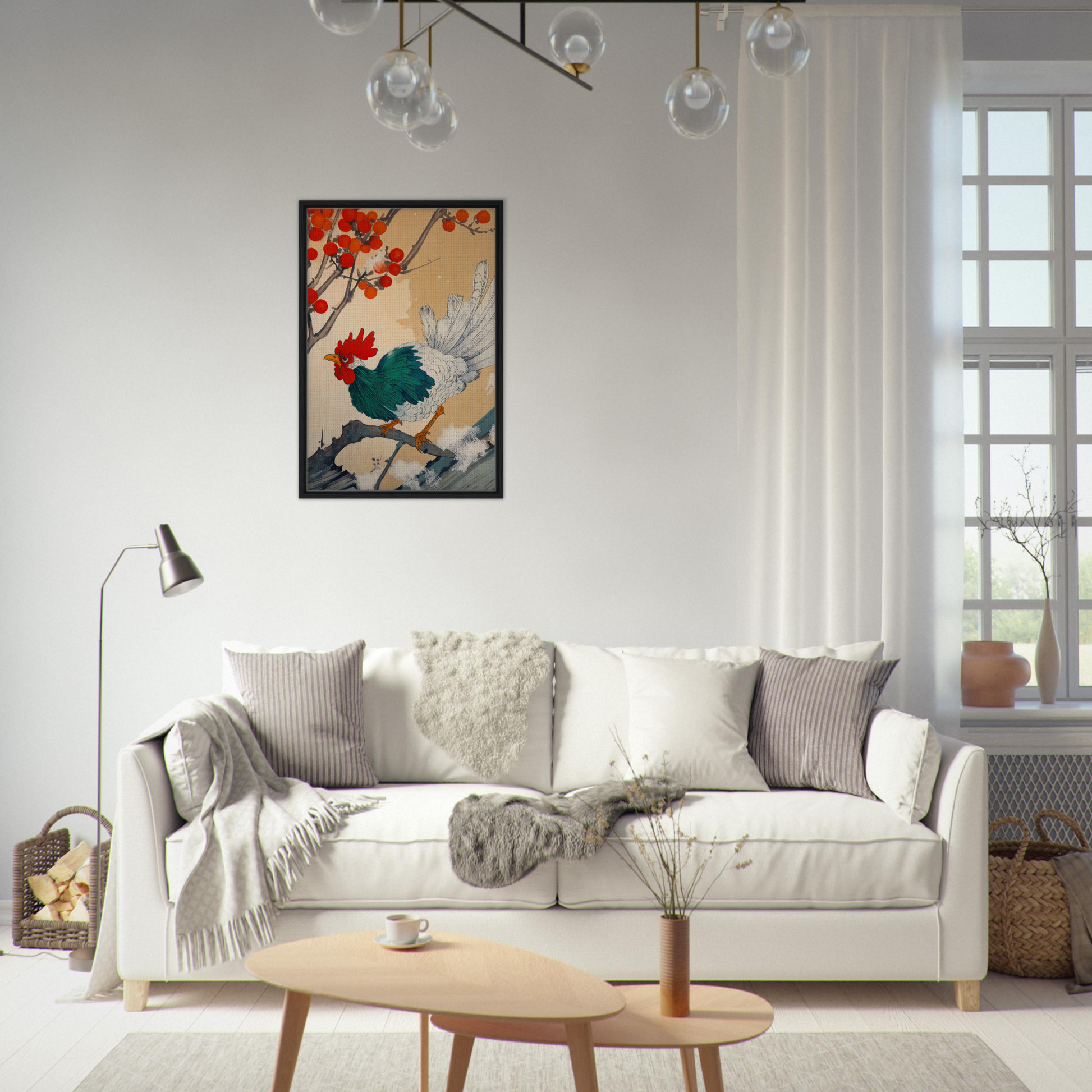 Stylish white sofa adorned with throw pillows and blankets from Rooster Rhapsody collection