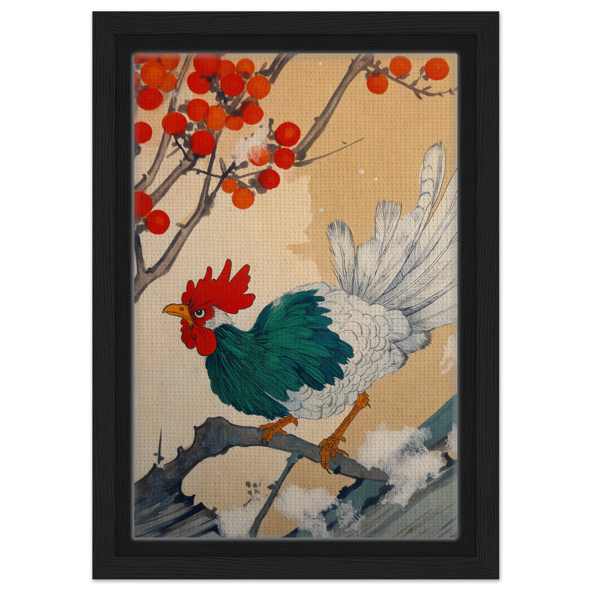 Colorful rooster perched on a branch in Rooster Rhapsody East Asian art canvas print