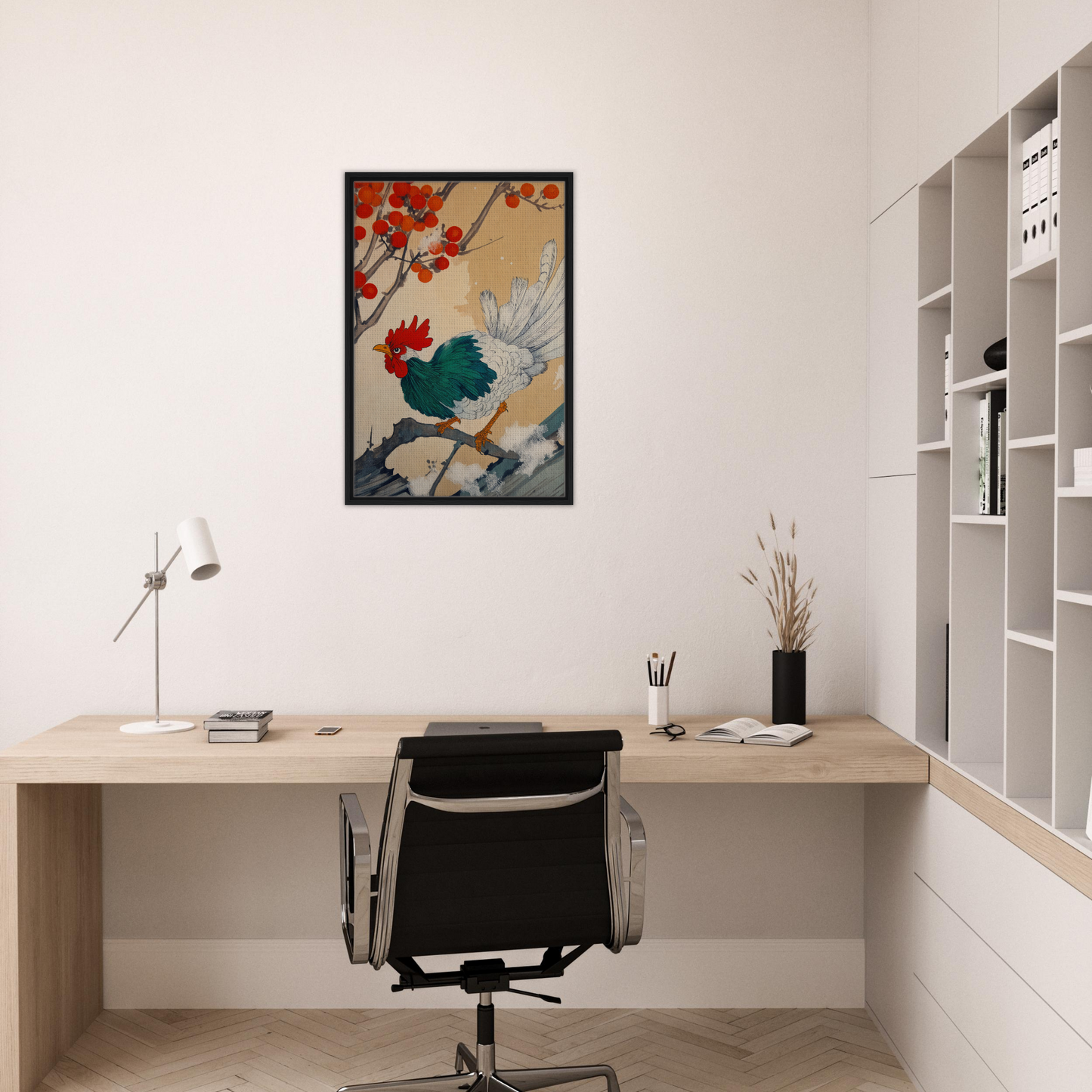 Framed Rooster Rhapsody Awakens painting featuring a vibrant rooster and flowers for room decor