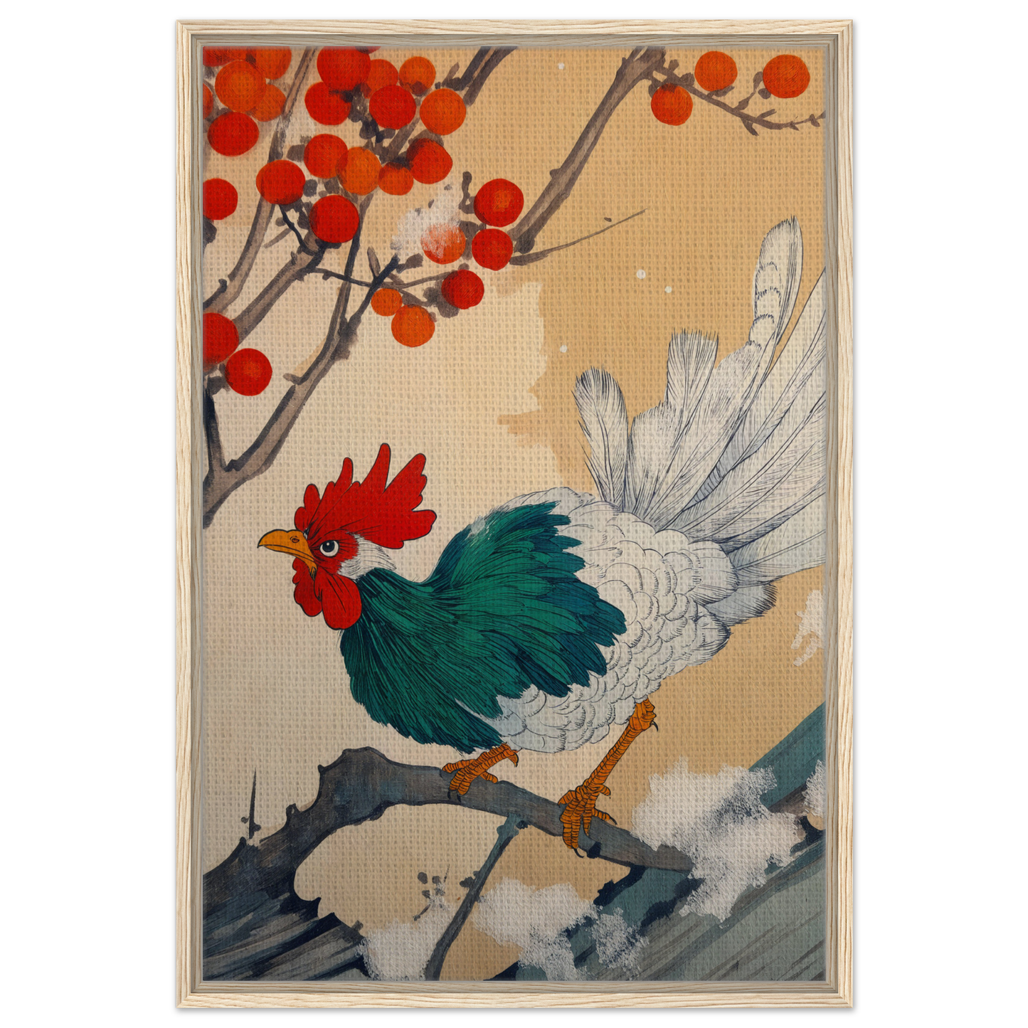 Colorful rooster with green body and white tail feathers in Rooster Rhapsody artwork