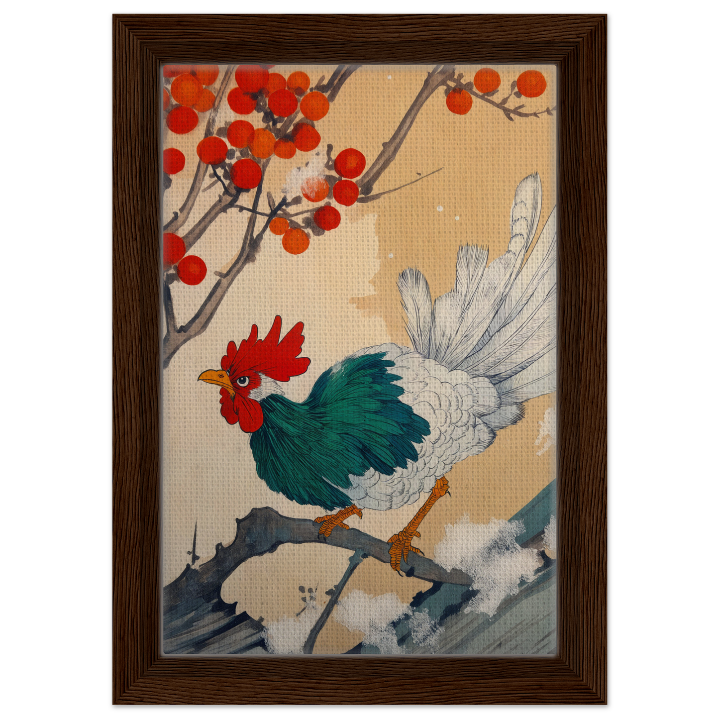 Colorful rooster perched on branch, embodying Rooster Rhapsody in East Asian art room decor