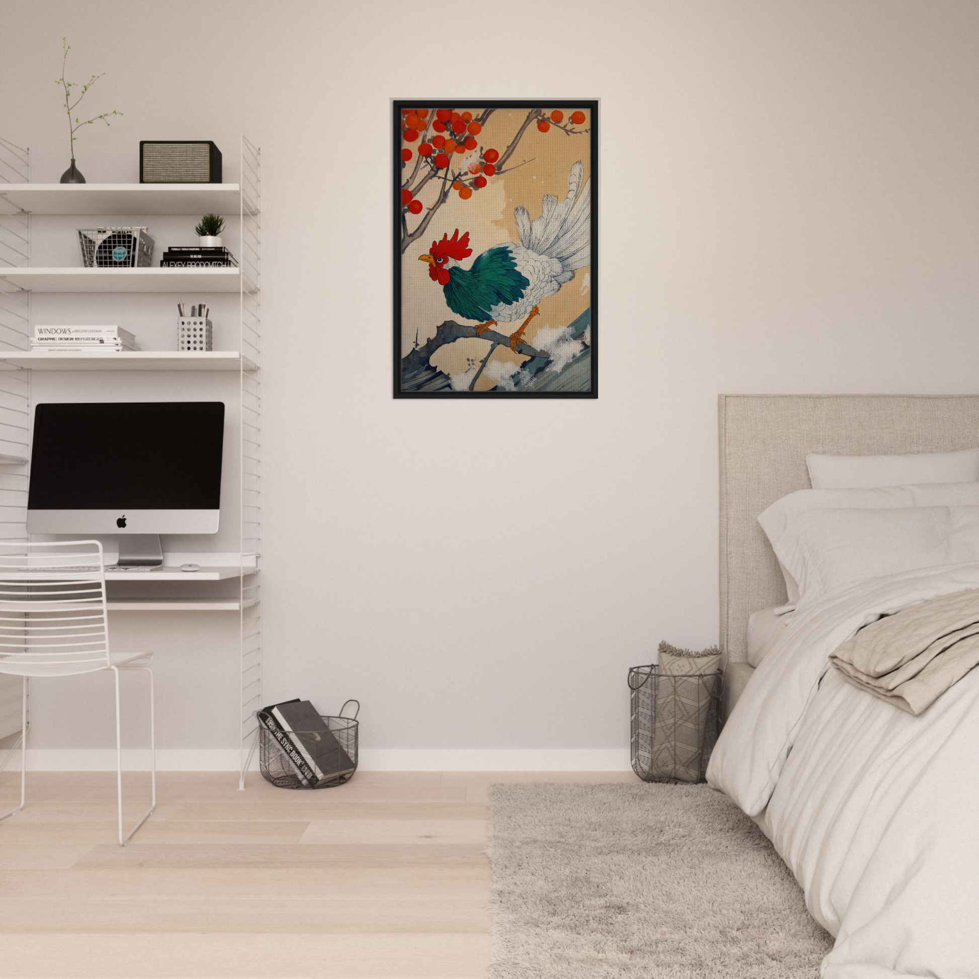 Framed East Asian art featuring colorful bird and red flowers for Rooster Rhapsody decor