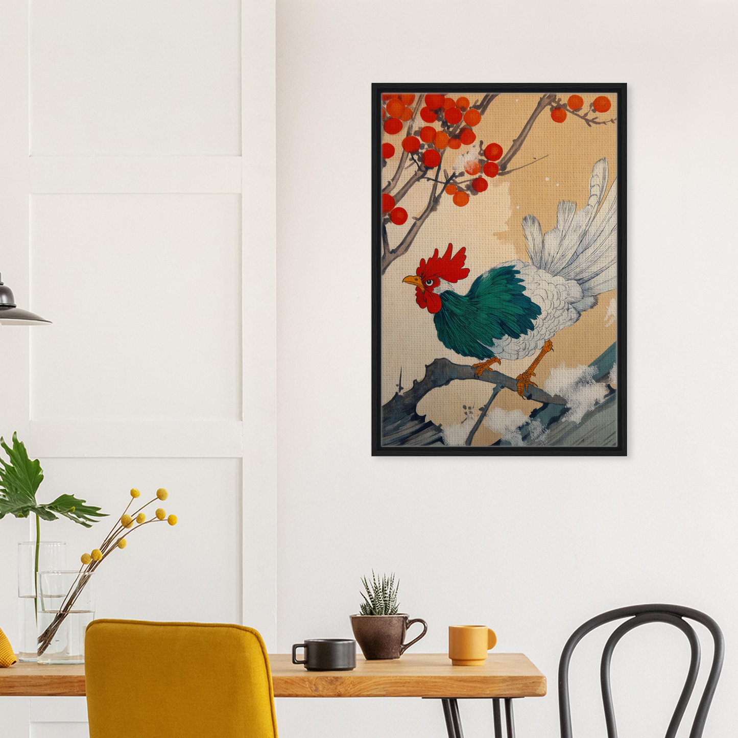Framed Canvas Print of Rooster Rhapsody with Red Berries in East Asian Art Style