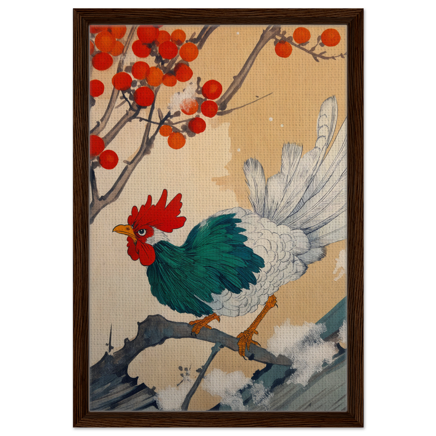 Colorful rooster perched on a branch with red berries in Rooster Rhapsody framed canvas print