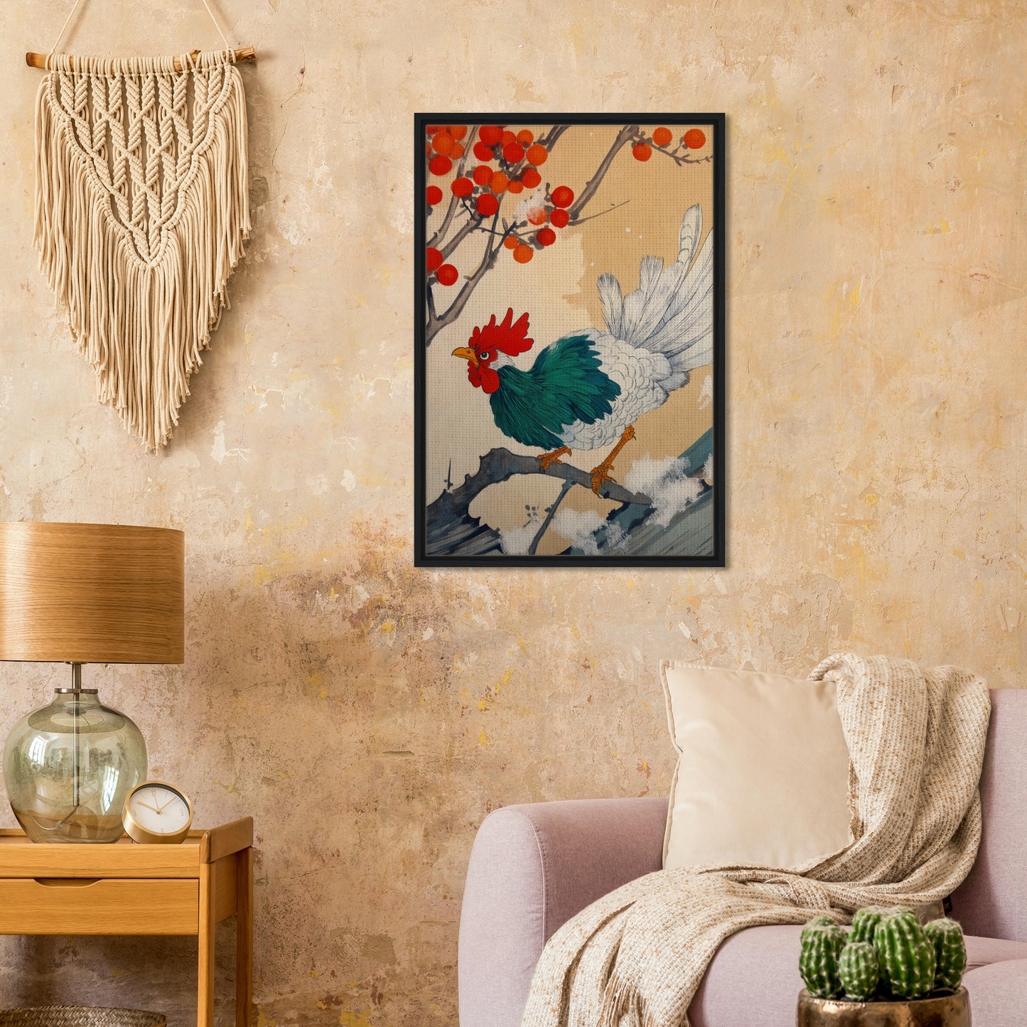 Framed canvas print of a rooster and red berries in East Asian art style, Rooster Rhapsody