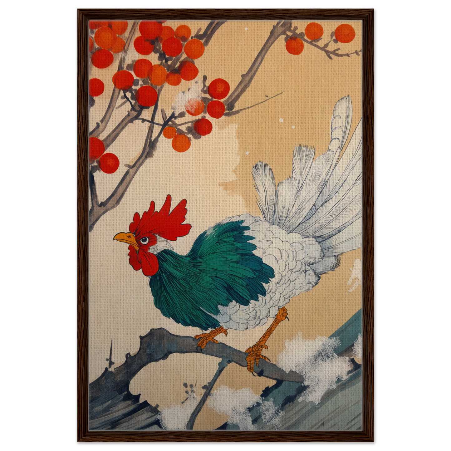 Colorful rooster perched on branch, perfect for Rooster Rhapsody in East Asian art room decor