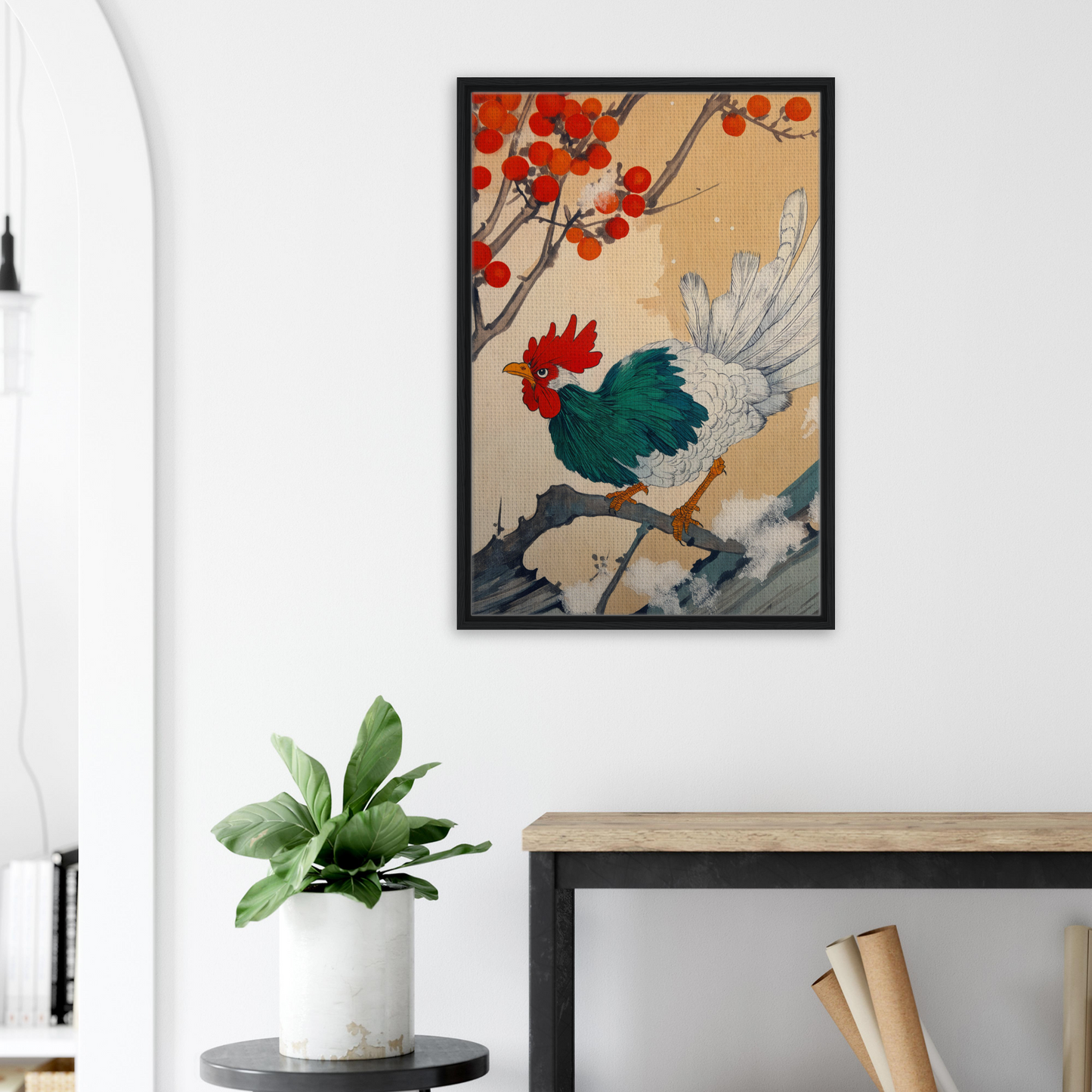Framed Rooster Rhapsody artwork featuring a rooster and red berries in East Asian art style