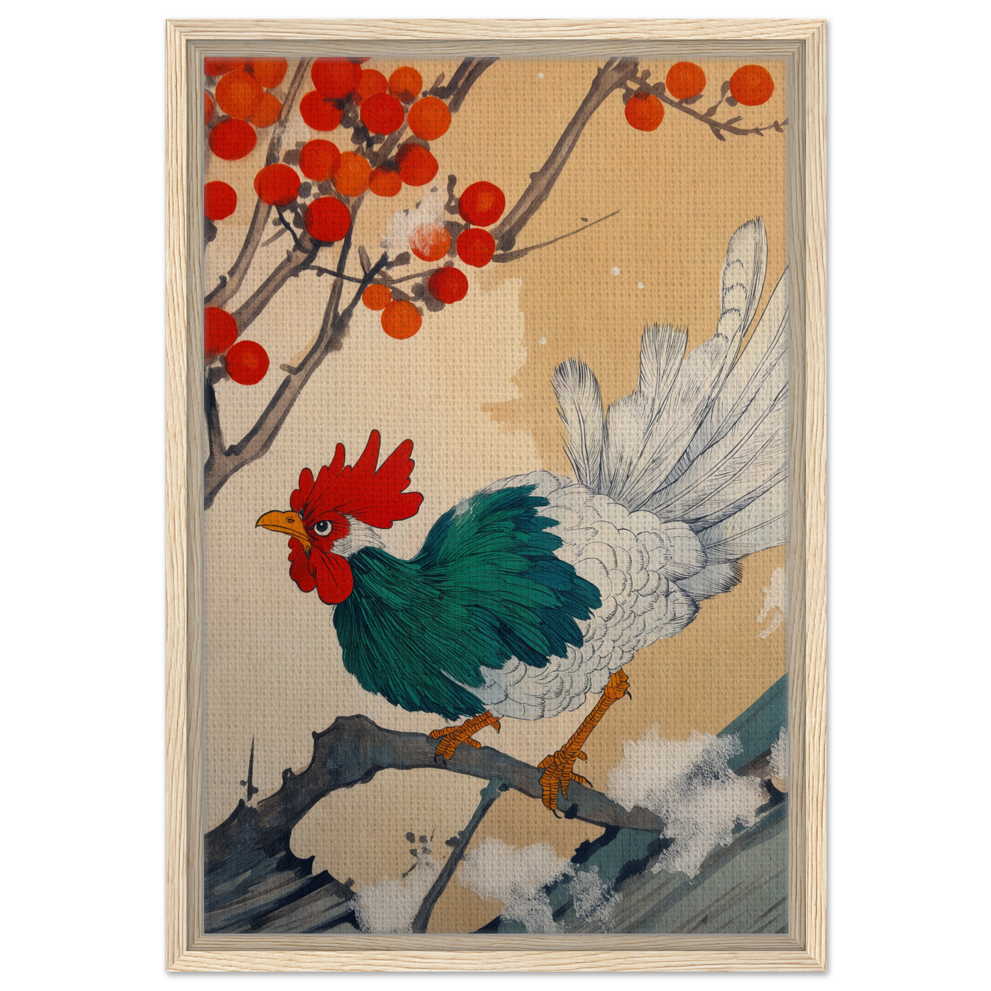 Colorful rooster with green and white feathers in Rooster Rhapsody framed canvas print