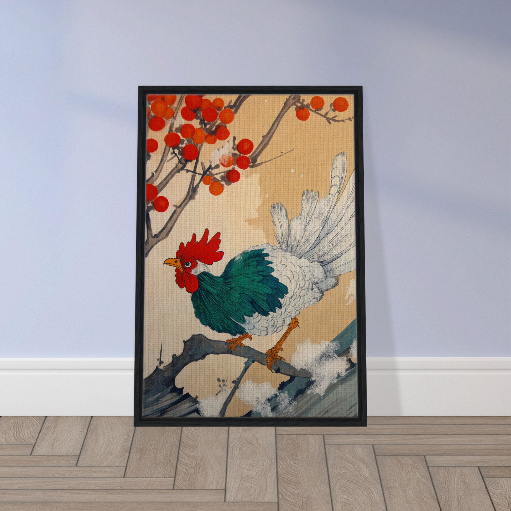 Framed Rooster Rhapsody painting, colorful rooster and berries, perfect for East Asian room decor