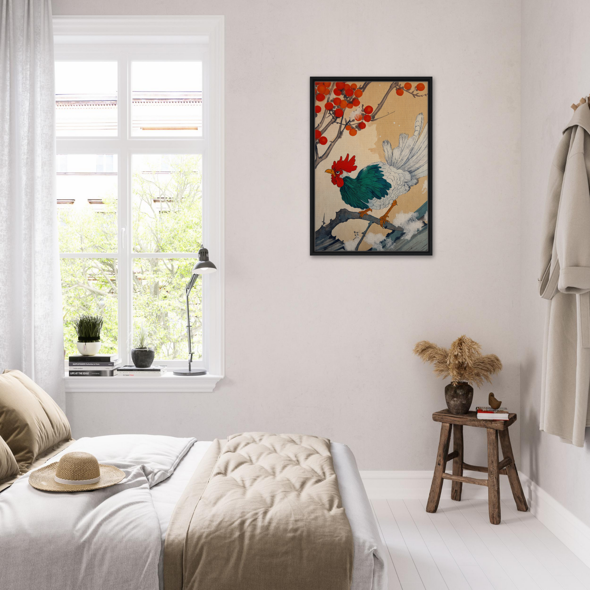 Bright, airy bedroom featuring Rooster Rhapsody framed canvas print and East Asian art