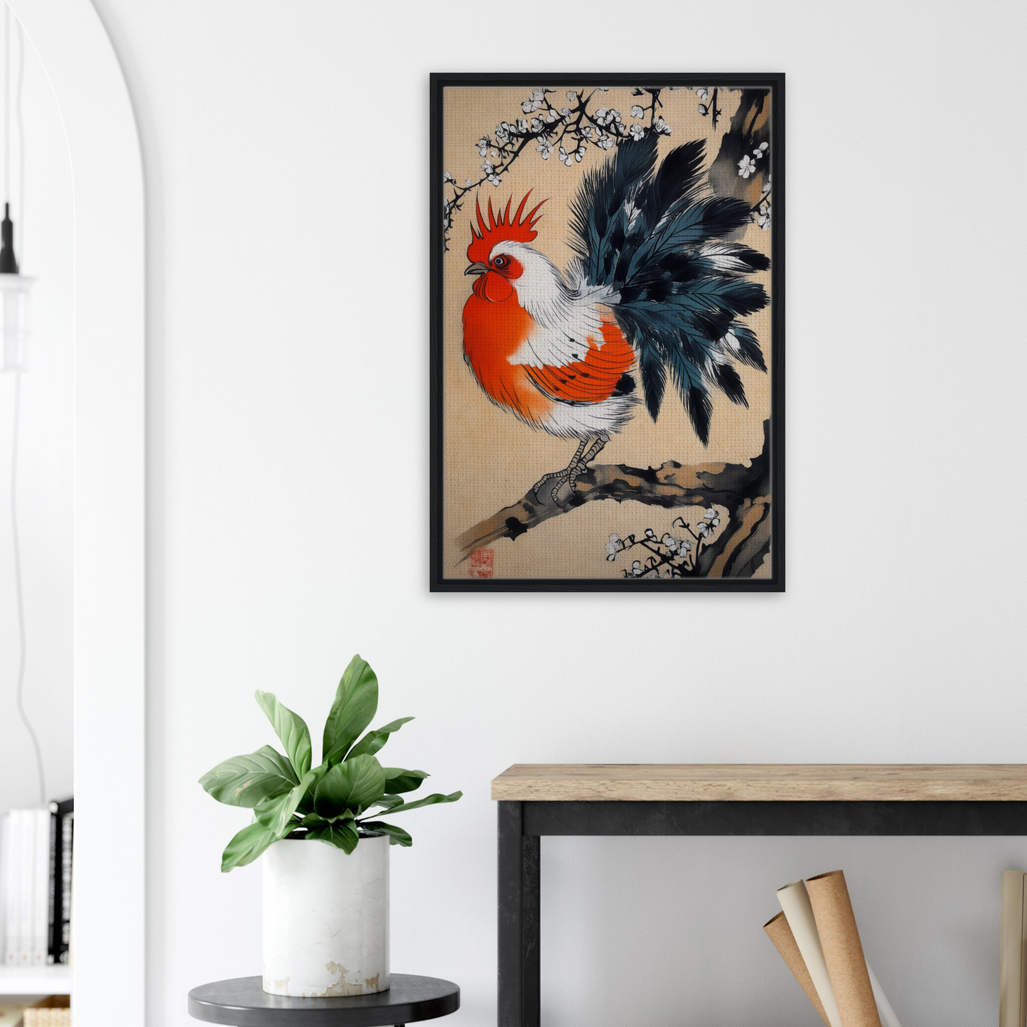 Colorful rooster painting in Asian style for Rooster’s Dawnsong Reverie room decor