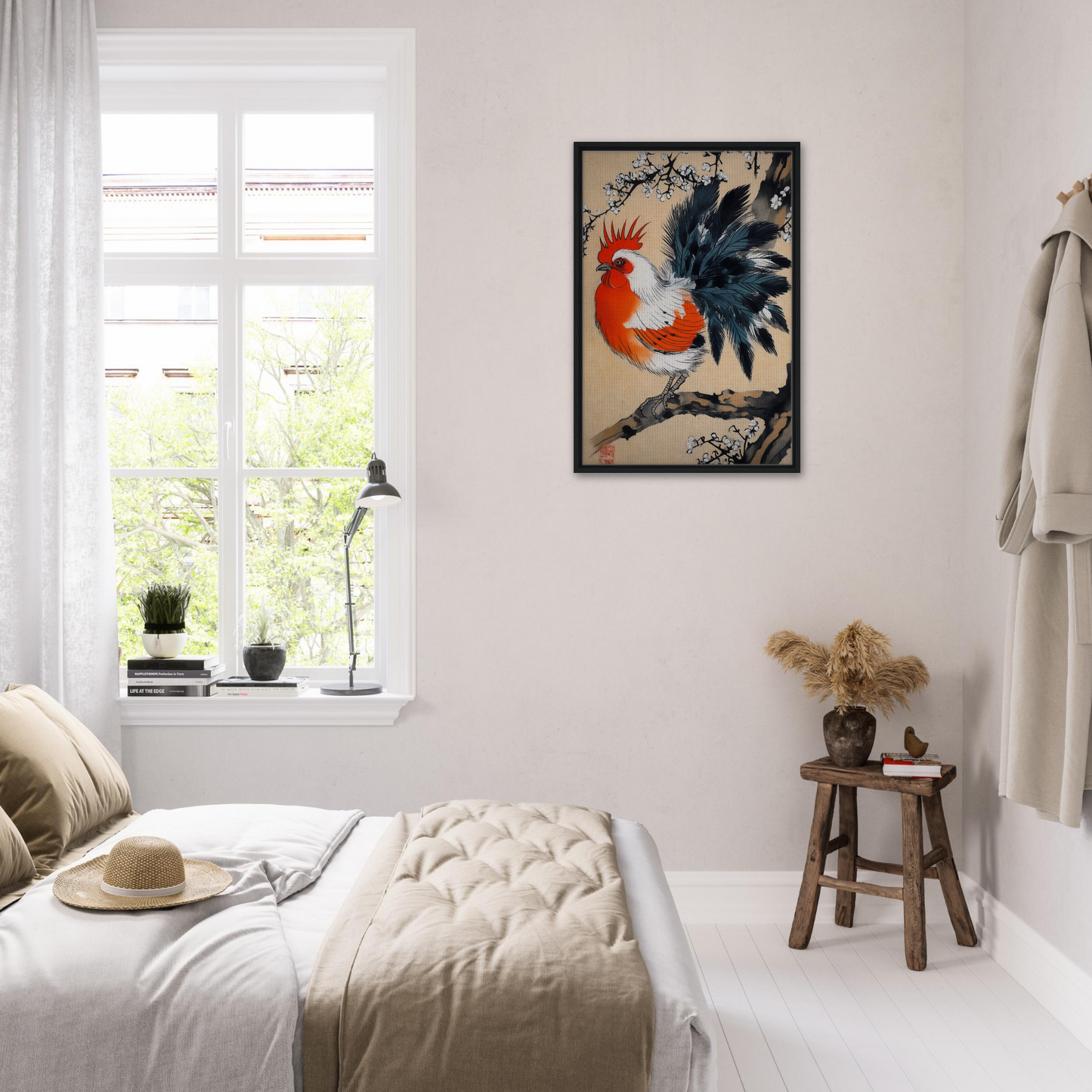 Bright airy bedroom featuring Rooster’s Dawnsong Reverie framed canvas print on wall