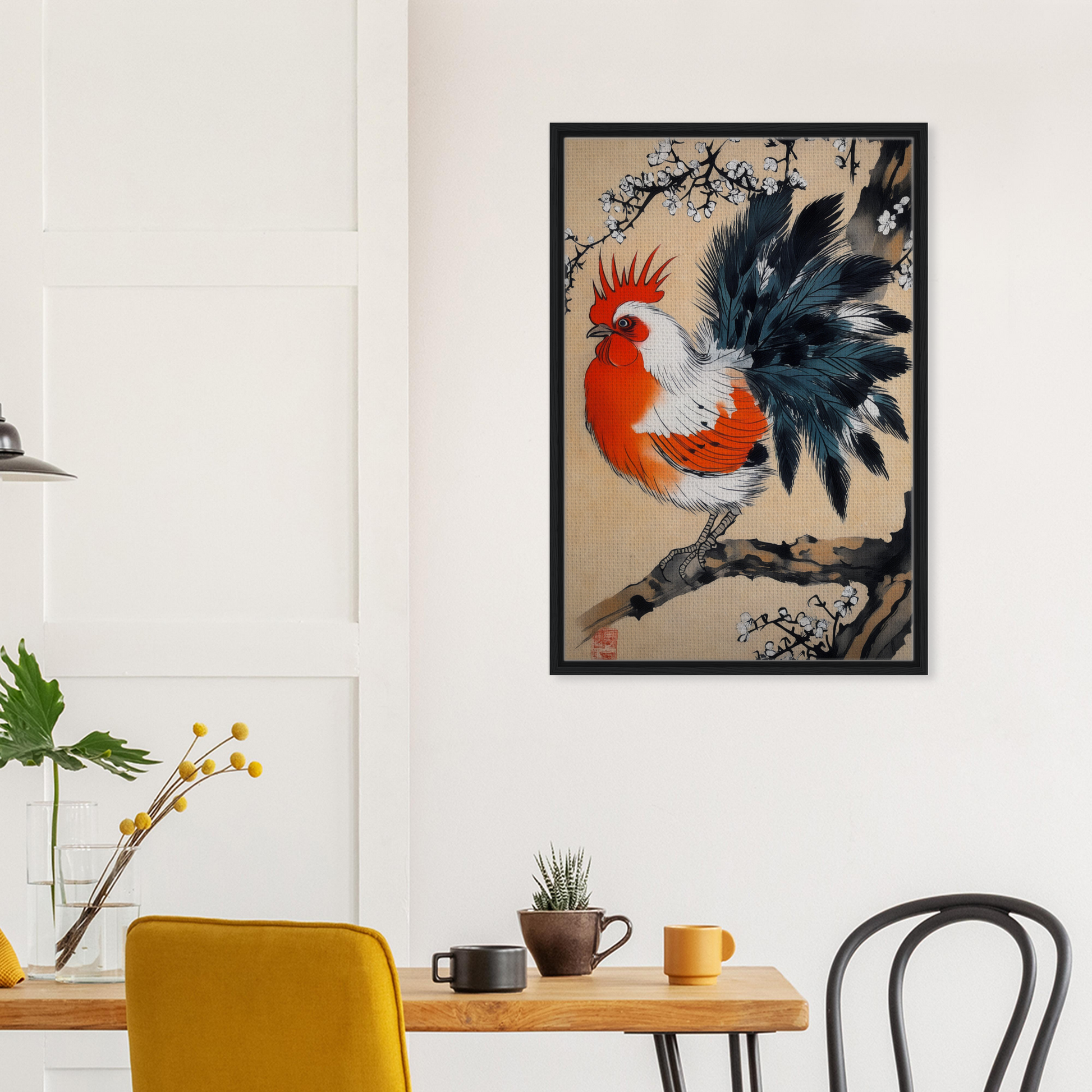 Framed painting of a vibrant rooster in Rooster’s Dawnsong Reverie for room decor